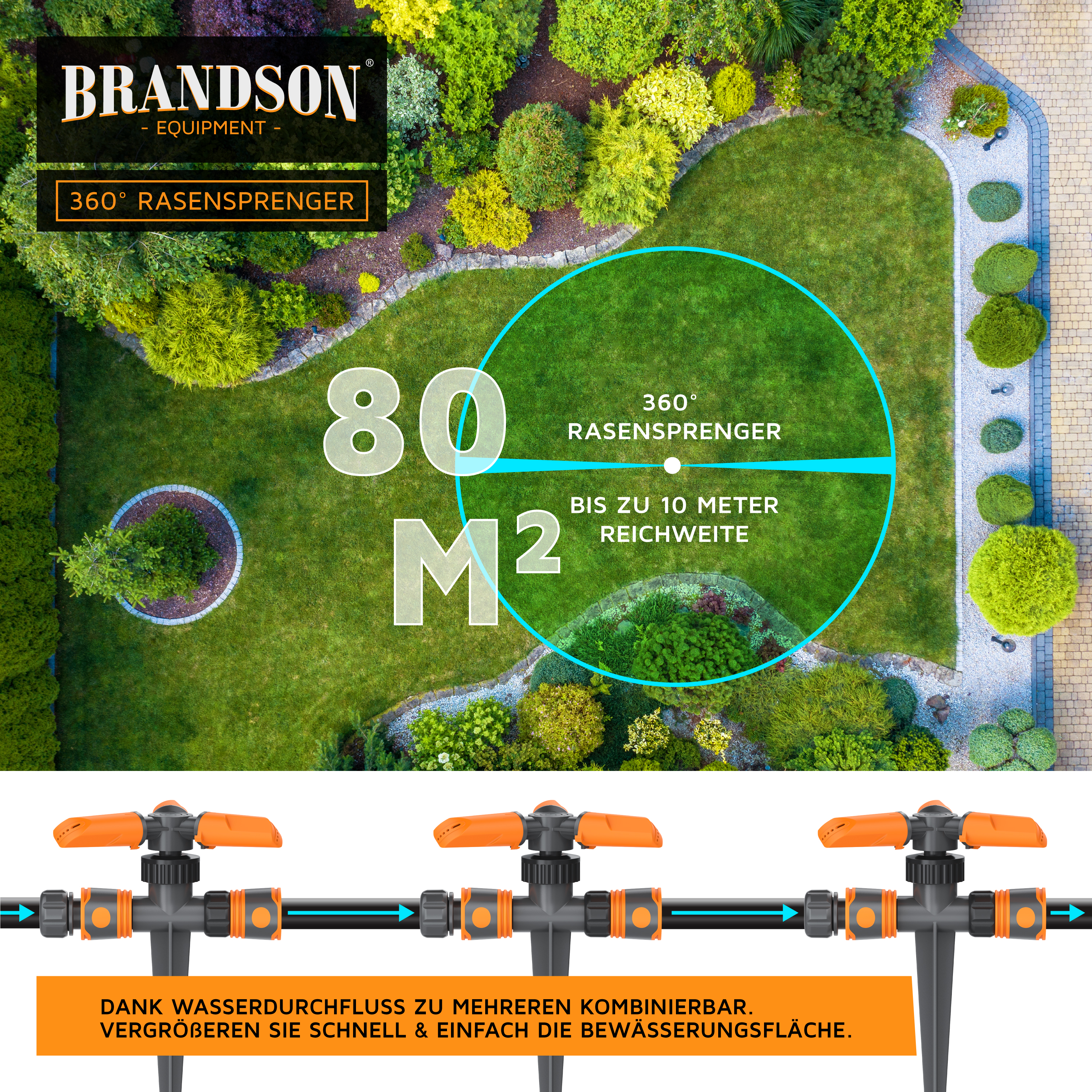 Brandson 360° Rasensprenger mit orangefarbenen Bedienelementen, geeignet für Flächen bis 80 m² und einer Reichweite von bis zu 10 Metern.