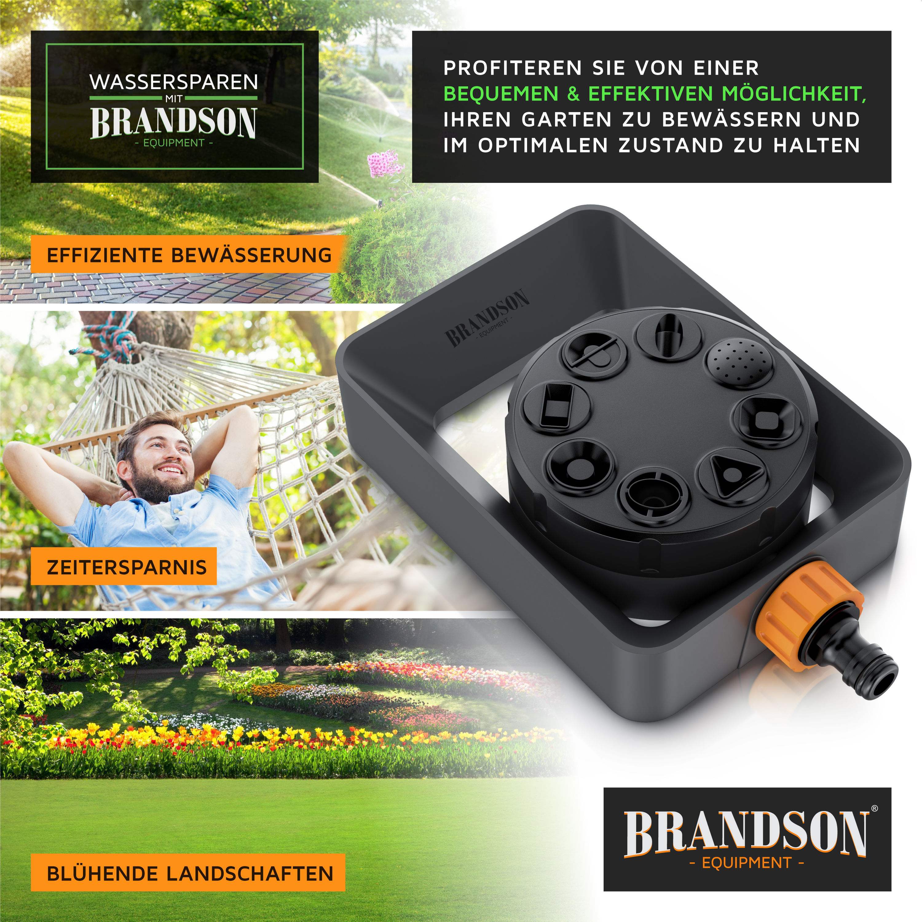 Brandson Bewässerungsgerät mit runder Steuerung, schwarzem Gehäuse und orangefarbener Anschlussmöglichkeit für effiziente Gartenbewässerung.