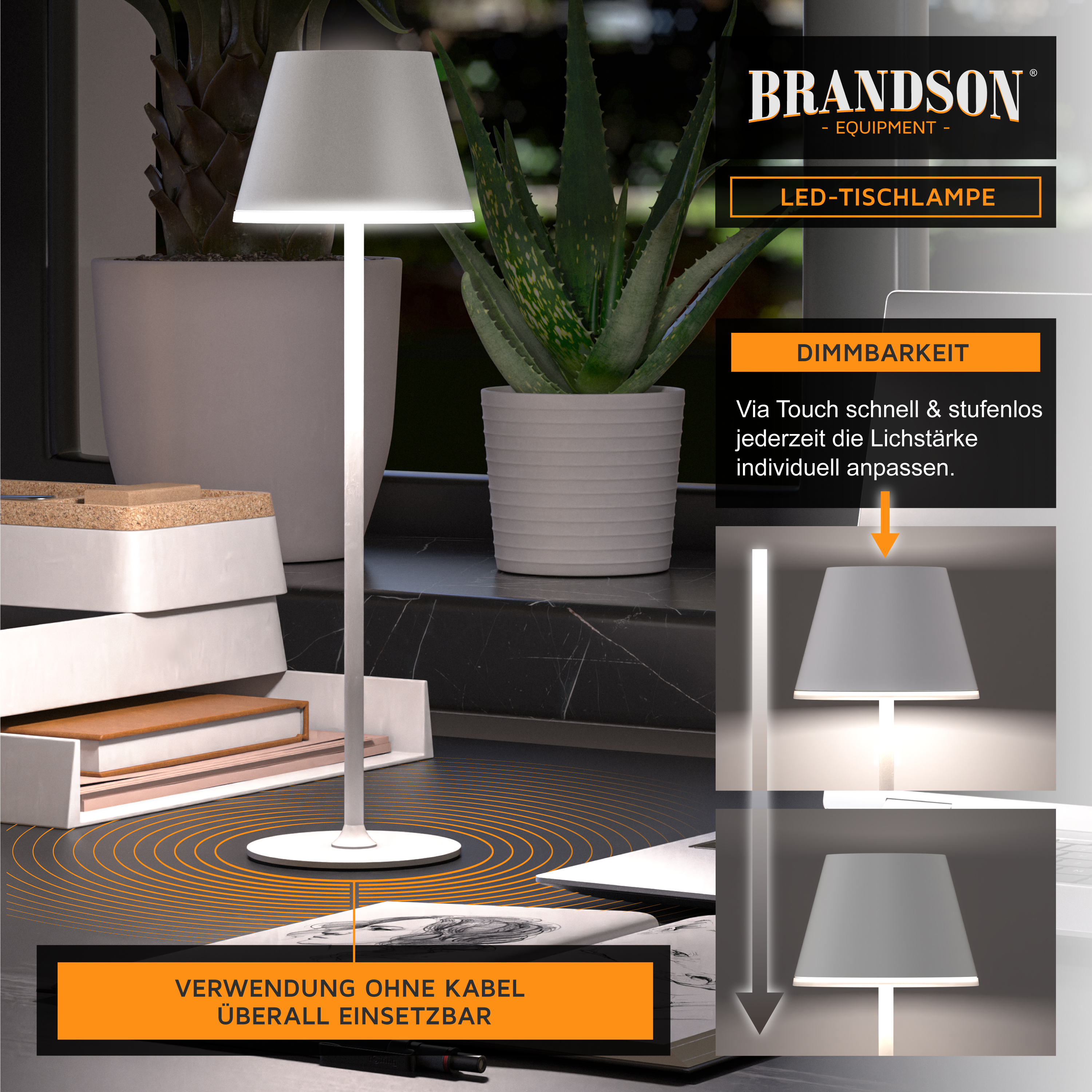 Brandson LED-Tischlampe mit modernem Design, Touch-Dimmfunktion und einem eleganten weißen Finish, platziert auf einer dunklen Oberfläche neben Pflanzen.
