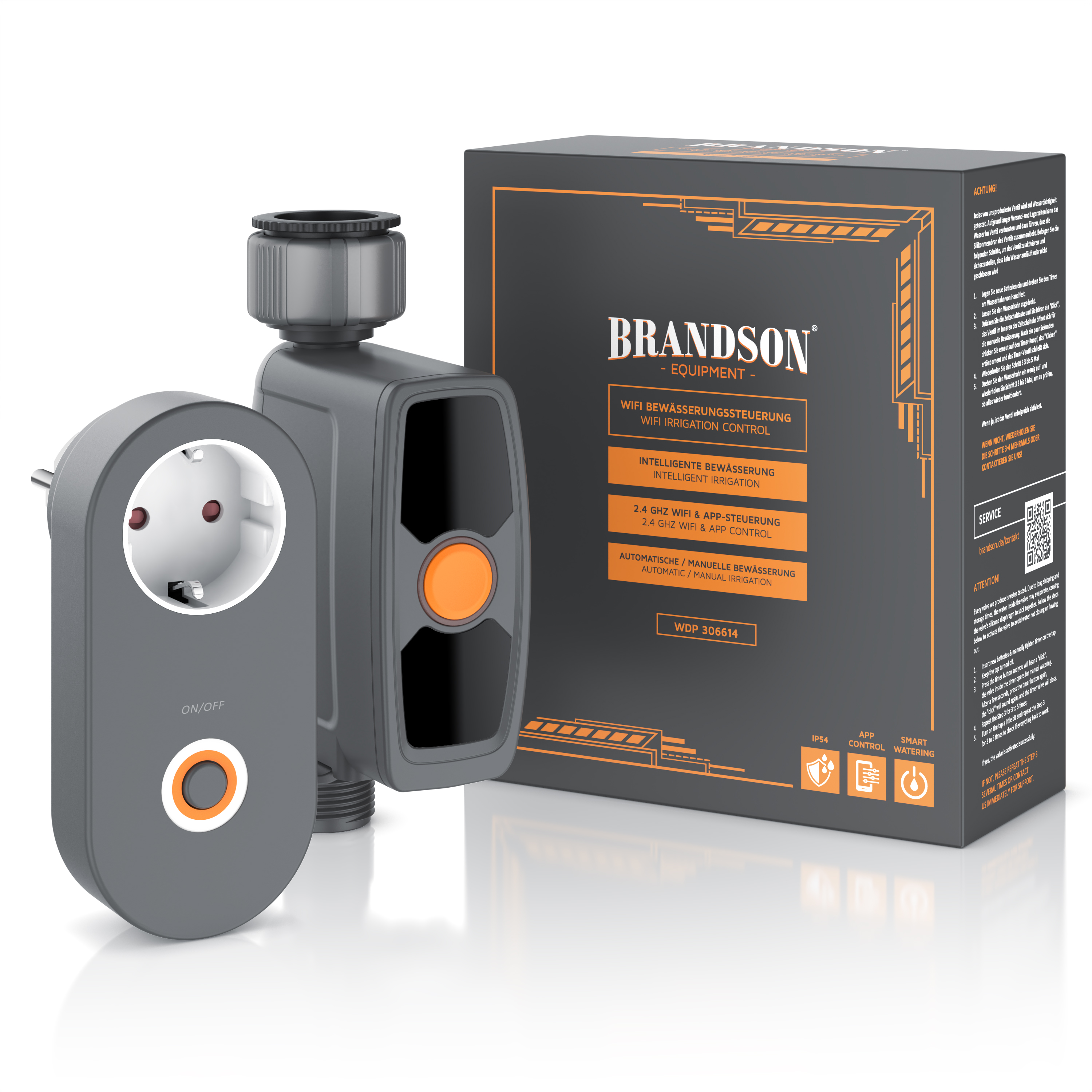 WiFi-Bewässerungssteuerung von Brandson mit grauem Gehäuse, orangefarbenem Knopf und Stecker, neben der Verpackung abgebildet.