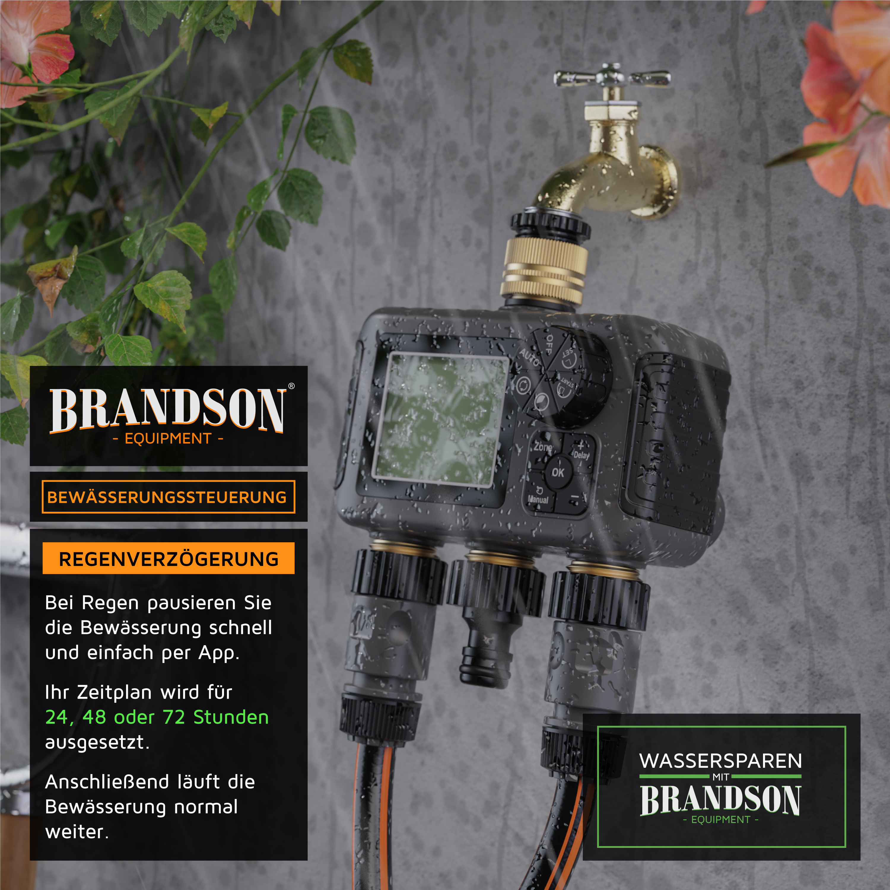 Bewässerungssteuerung von Brandson mit Digitalanzeige, wasserdichtem Design und mehreren Anschlussanschlüssen für effizientes Bewässerungsmanagement.