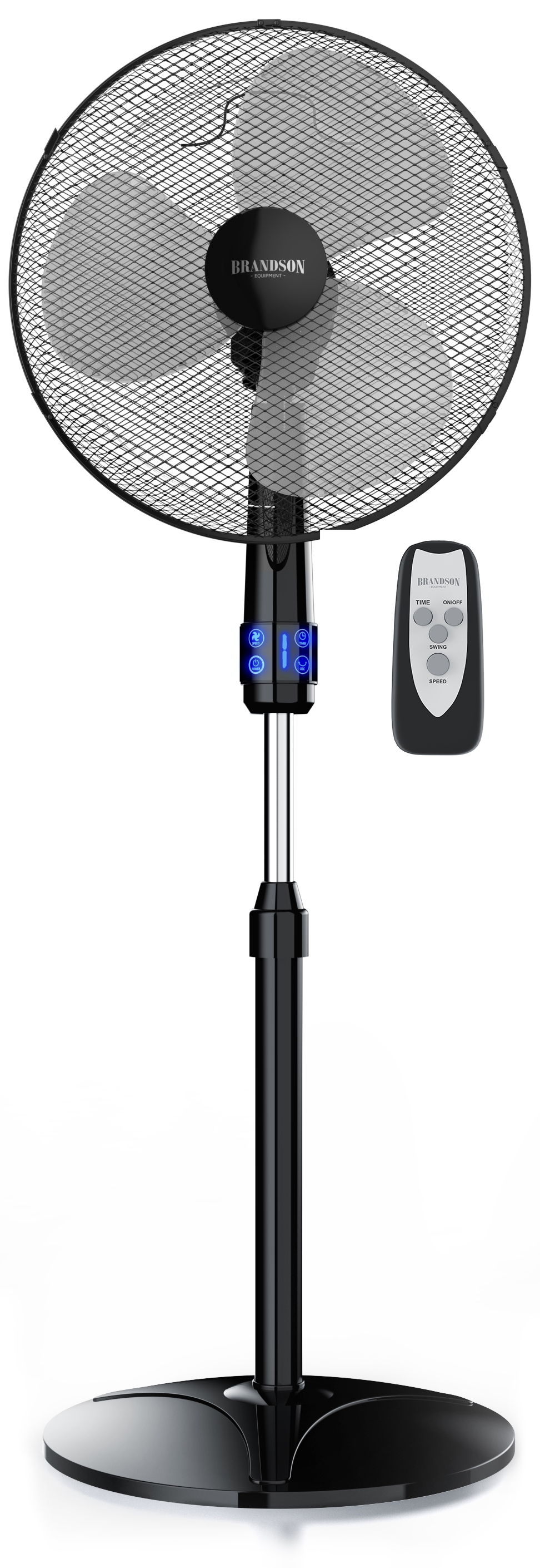 Standventilator von Brandson mit elegantem schwarzem Design, einstellbarer Höhe, Fernbedienung und benutzerfreundlichem Bedienfeld.