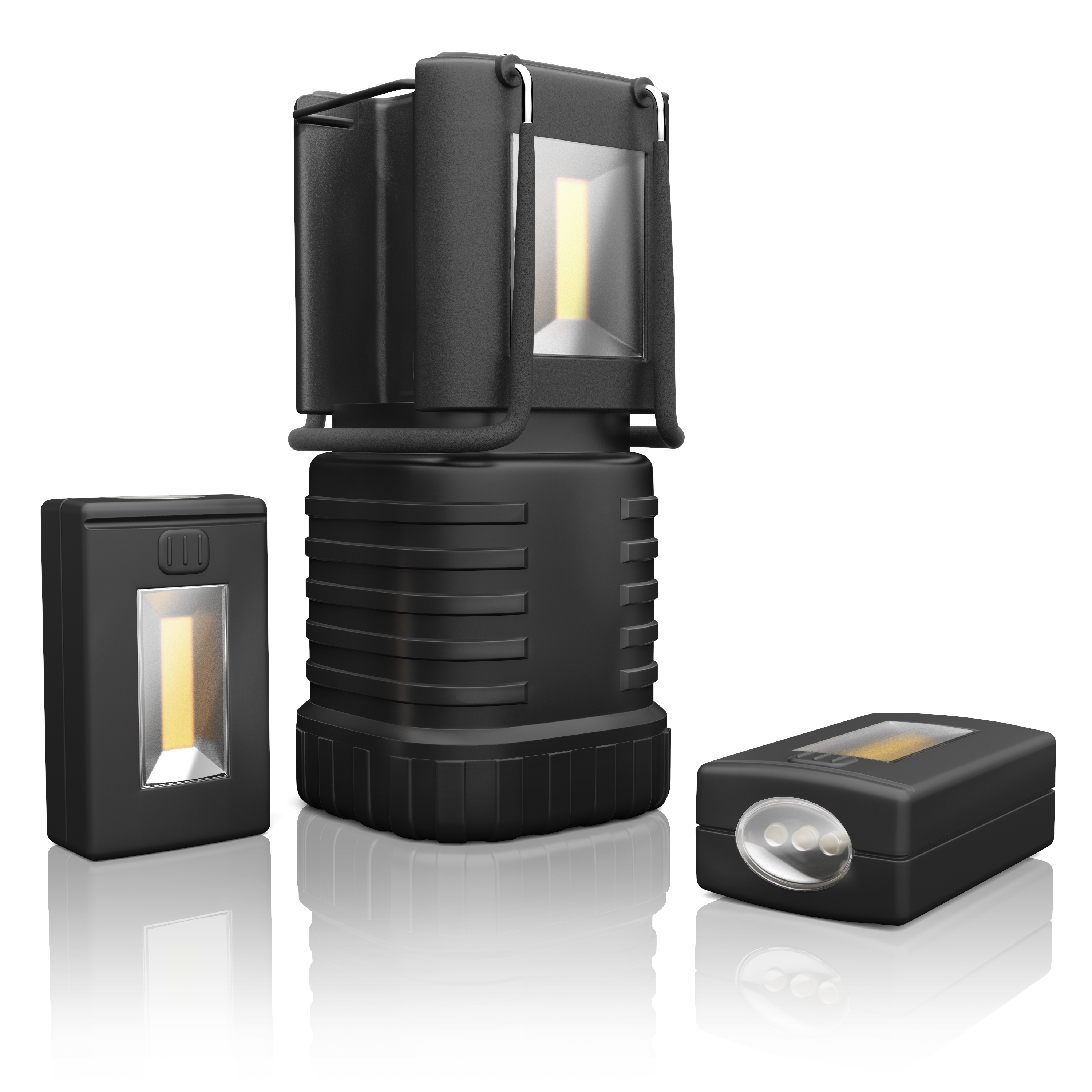 Brandson Campinglampe in Schwarz mit klappbarem Design und zwei zusätzlichen LED-Leuchten für vielseitige Nutzung.