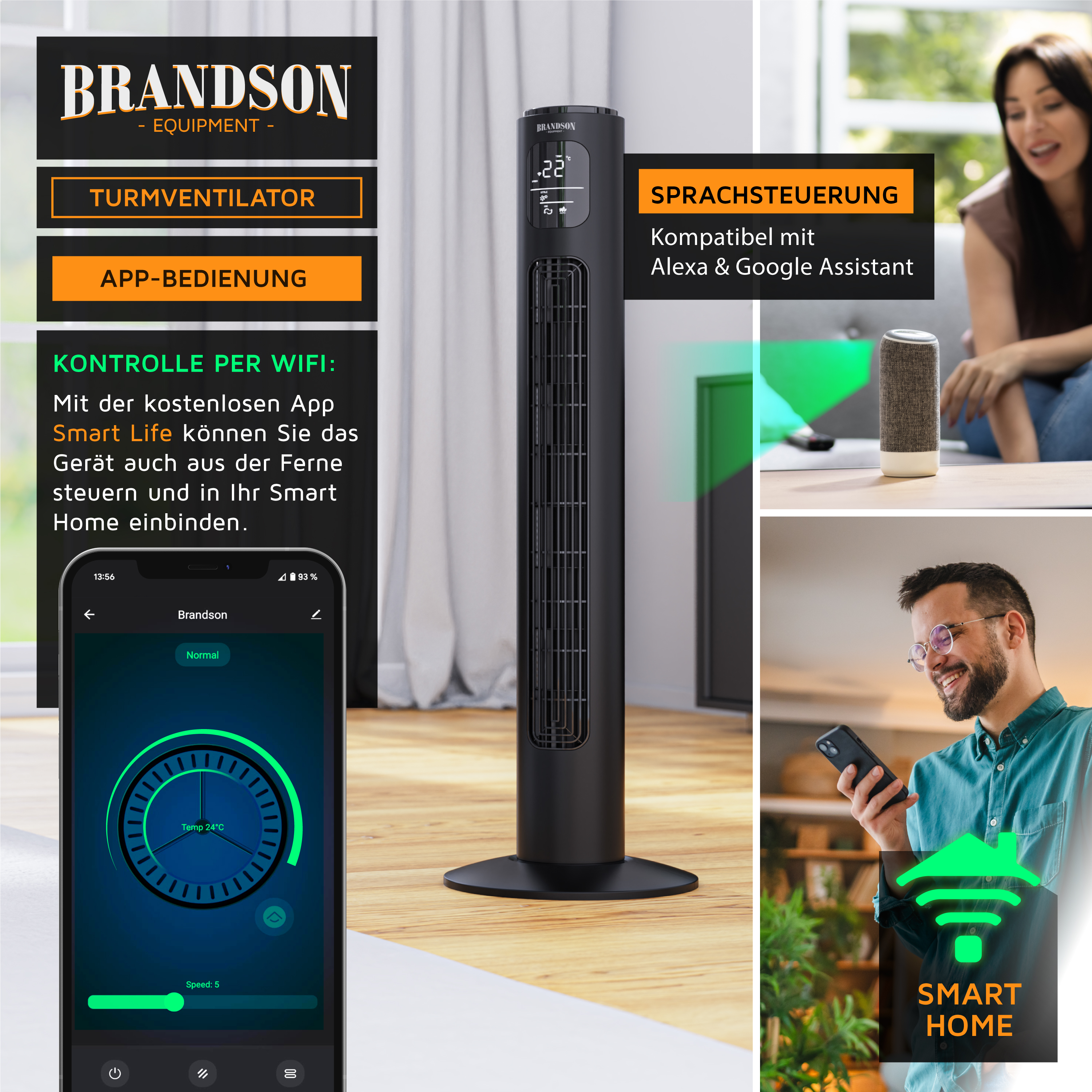 Brandson Turmventilator in Schwarz mit App-Bedienung, digitalem Display und WLAN-Funktion für Smart Home Integration.