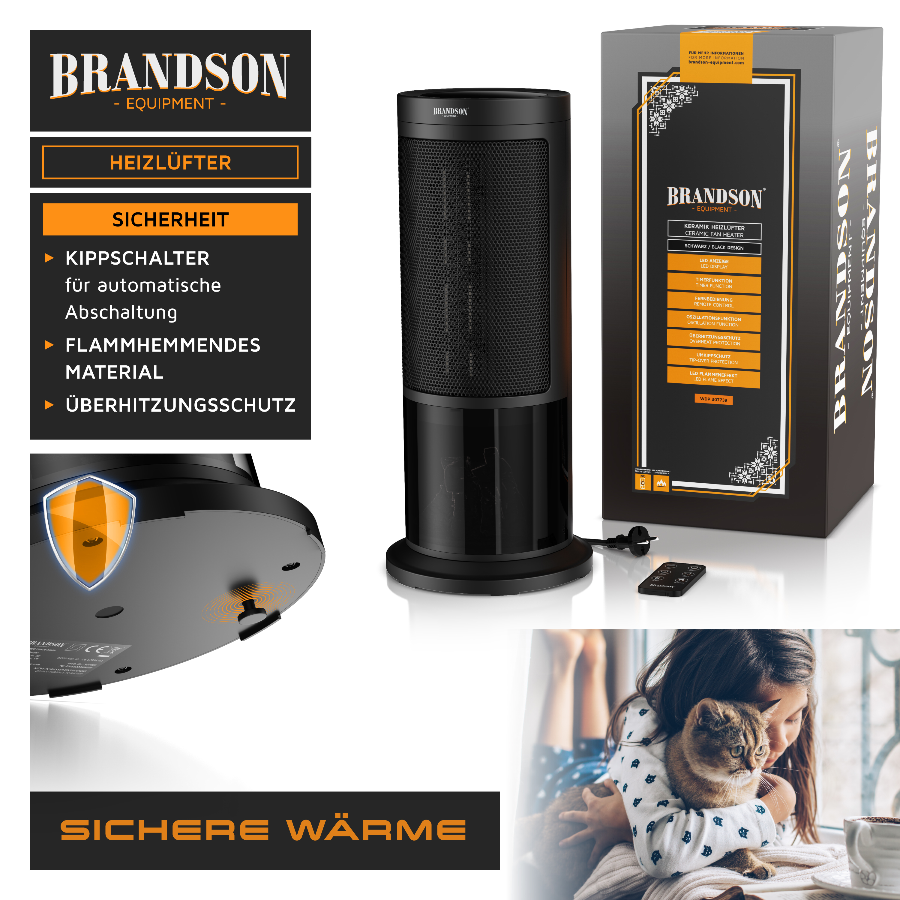 Brandson Heizlüfter in Schwarz mit keramischem Heizsystem, sicherem Standfuß, Fernbedienung und Verpackung, ideal für den Einsatz zu Hause.