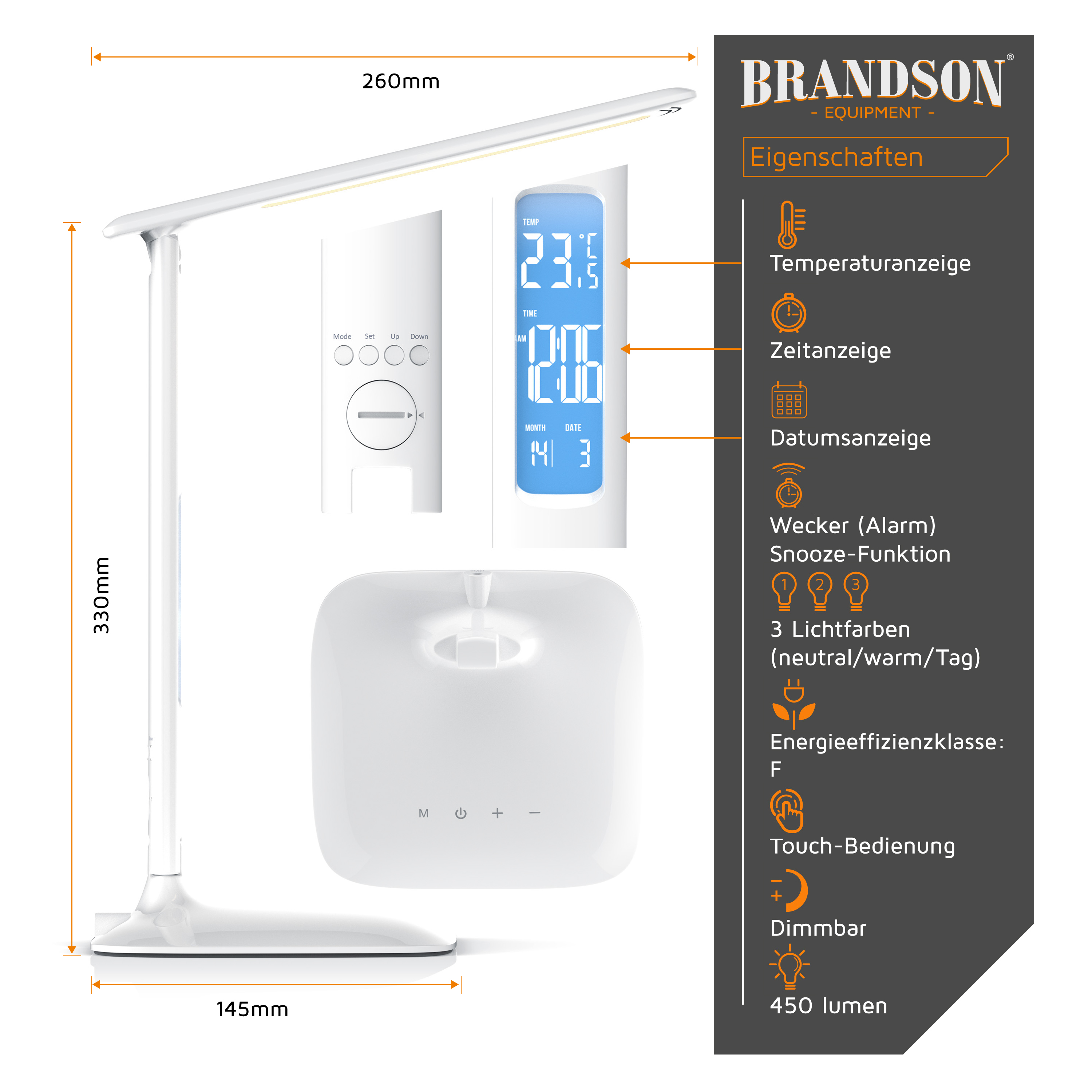 Brandson Tischlampe mit digitalem Display, Temperatur- und Zeitanzeige, Touch-Bedienung, dimmbar, in Weiß.