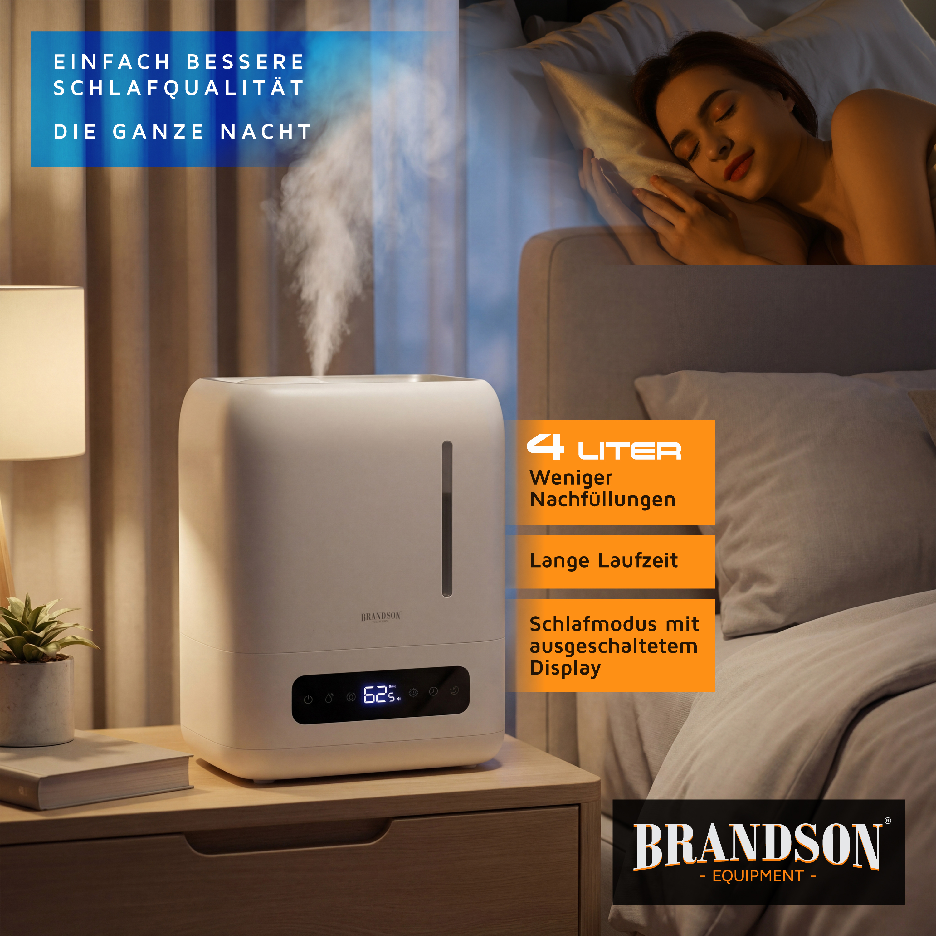 Brandson Luftbefeuchter im modernen Design, weiß mit digitalem Display und Bedienfeld, auf Nachttisch schlafender Person.