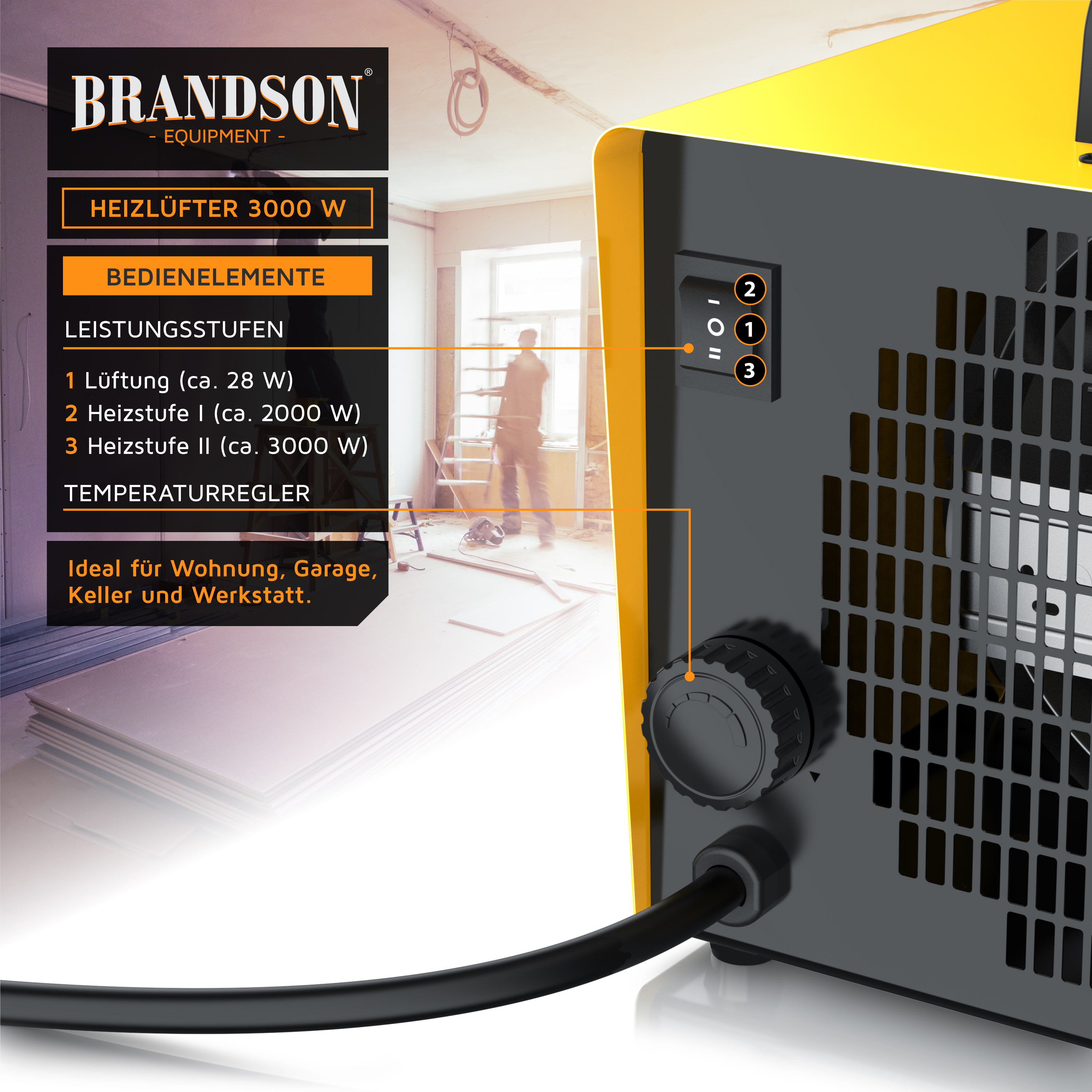 Brandson Heizlüfter mit gelbem Gehäuse, Bedienfeld und Temperaturregler, ideal für Werkstatt und Garage.
