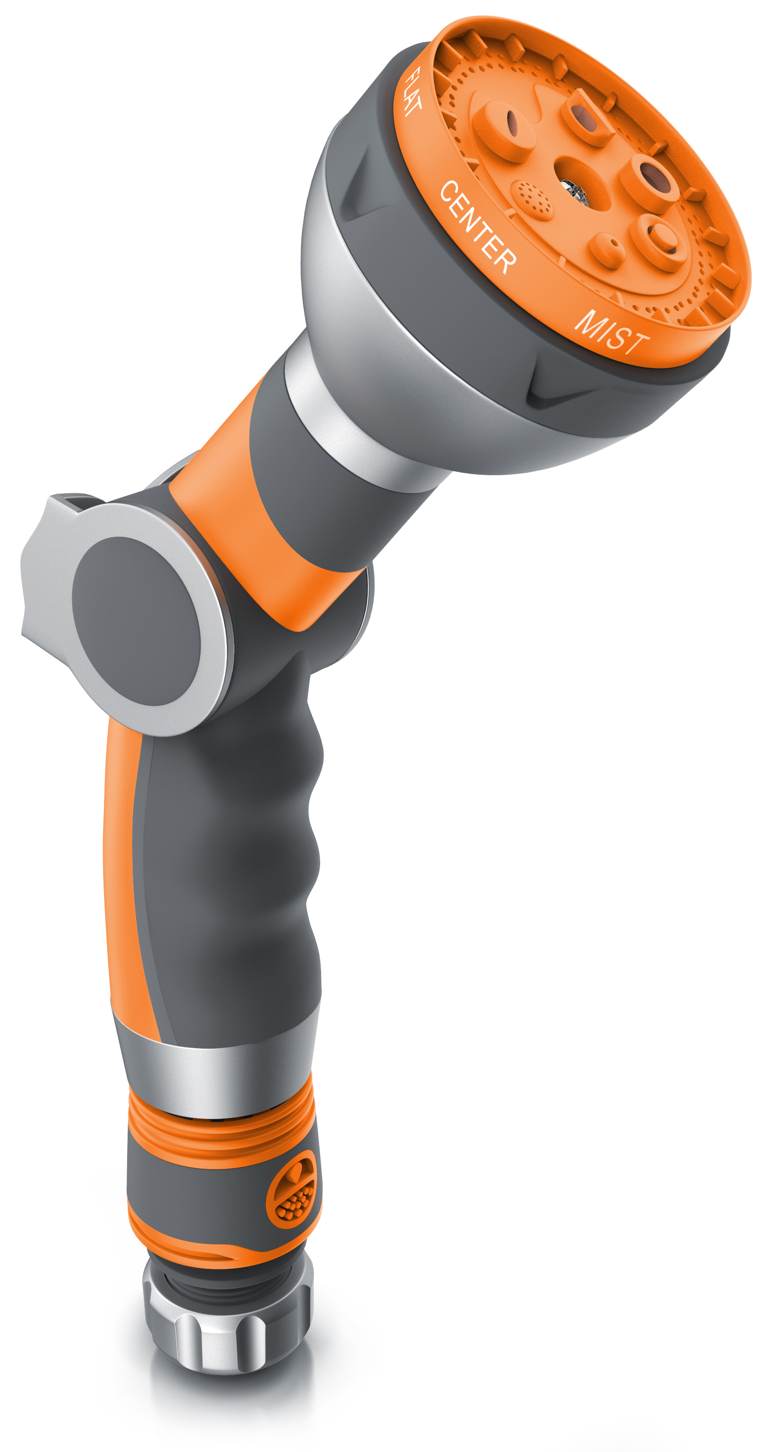 Brandson Gartenschlauchdüse mit ergonomischem Griff, orange und grau, mehrere Sprühmodi wie Flach, Zentrum und Nebel.
