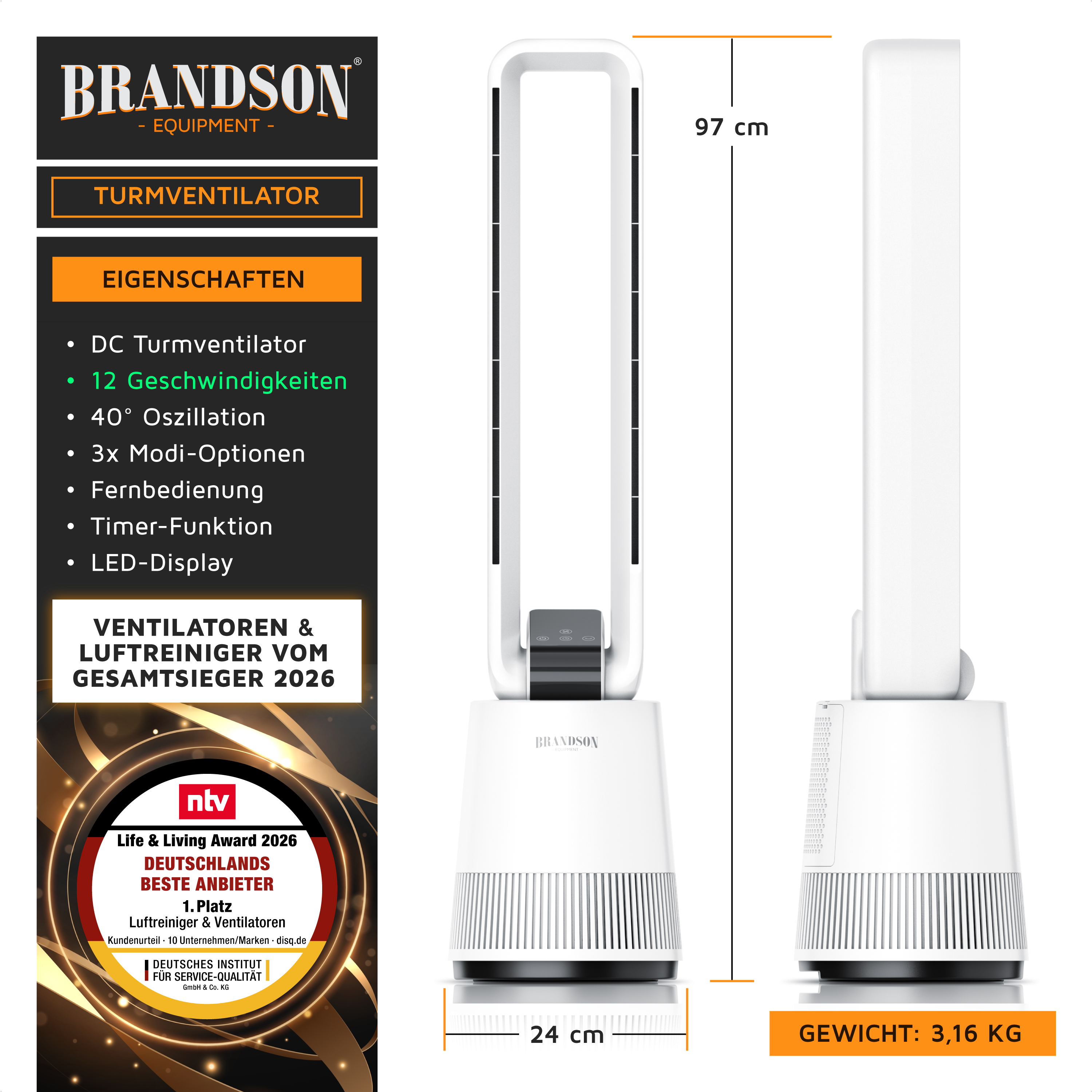 Brandson Turmventilator in Weiß mit schlanker Bauform, LED-Display, Fernbedienung und Timer-Funktion für flexible Nutzung.