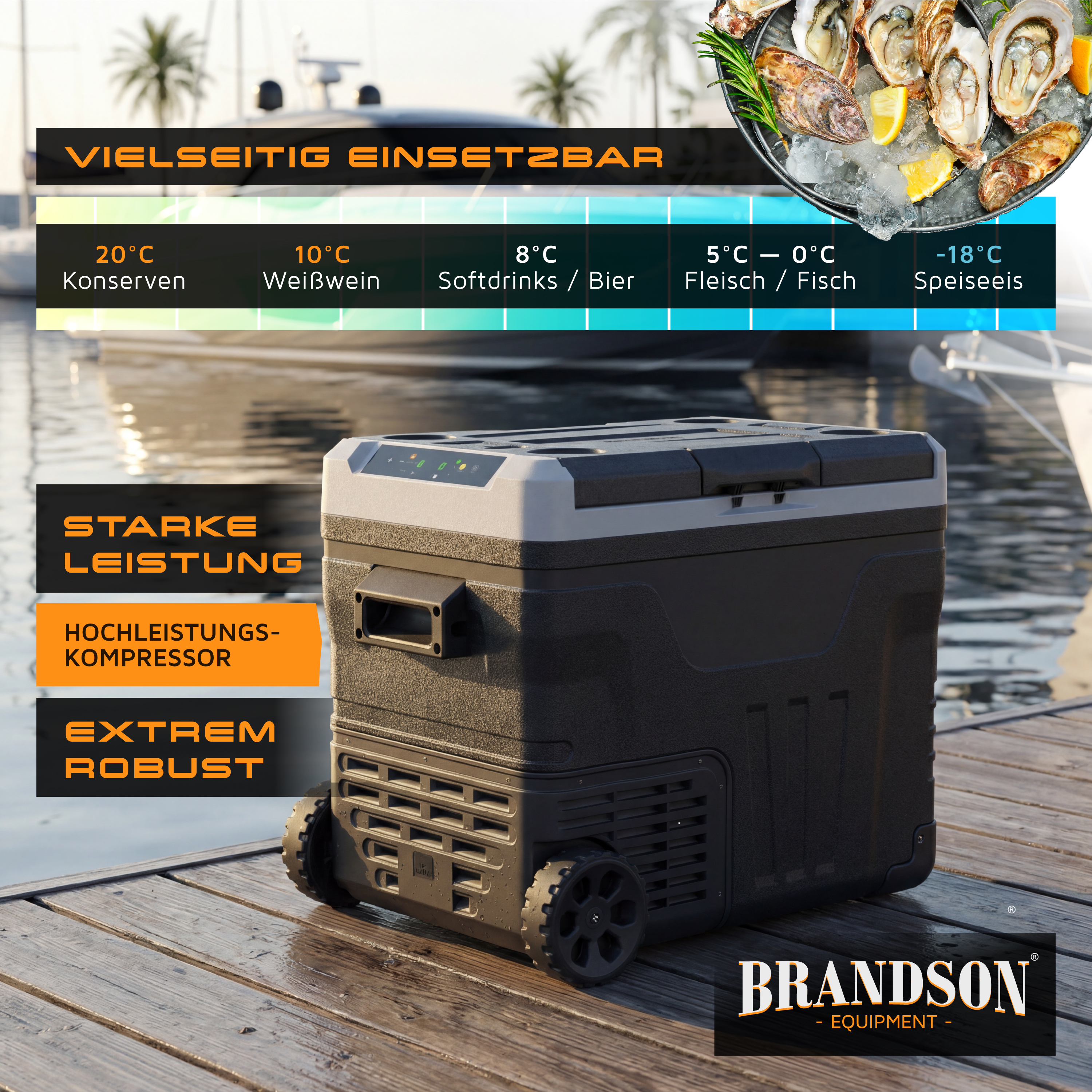 Brandson mobile Kühlbox mit robustem Gehäuse, Rollen, Griff und digitalem Display, ideal für den Einsatz im Freien.