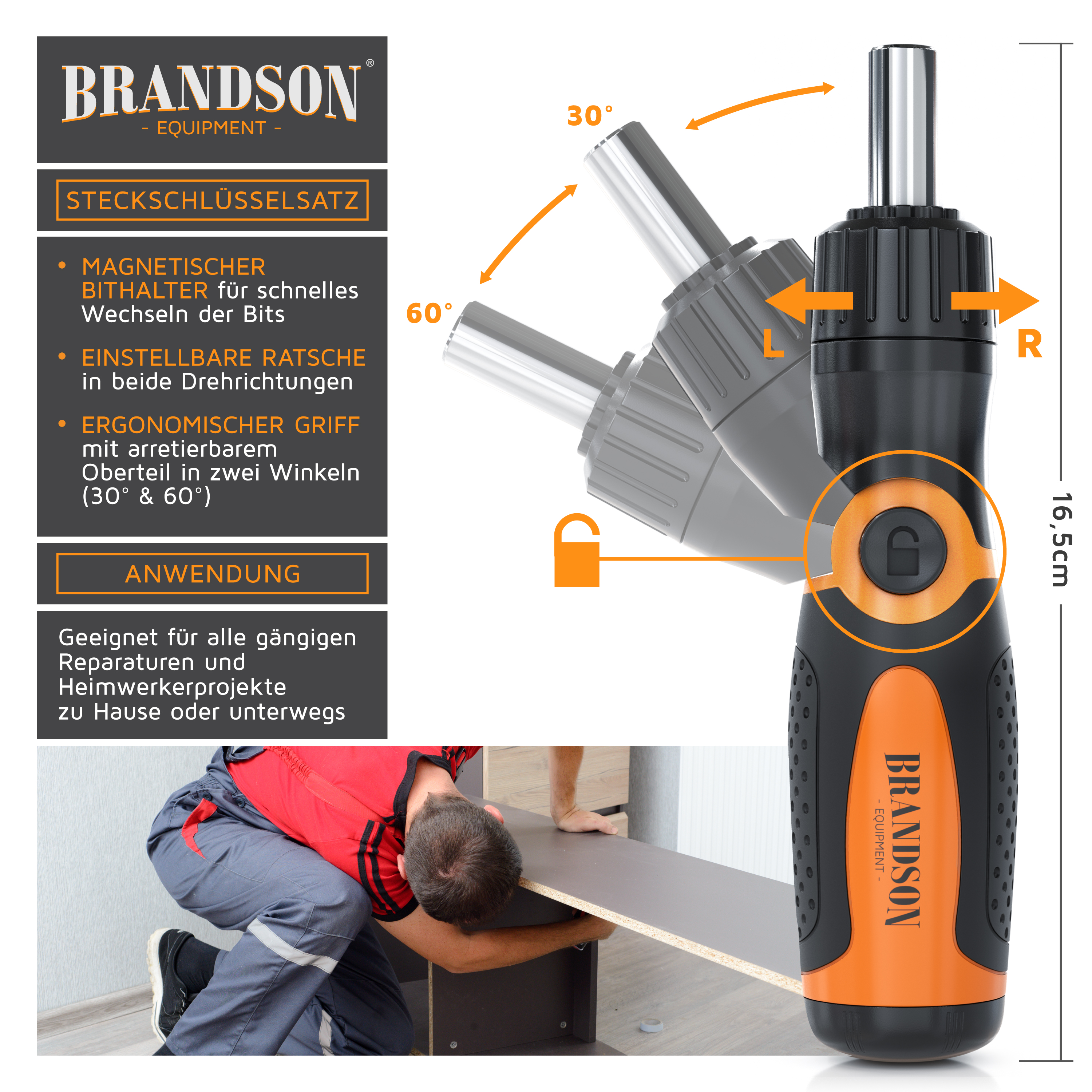 Steckschlüsselsatz von Brandson mit magnetischem Bithalter, ergonomischem Griff und in zwei Winkeln verstellbarer Ratsche, geeignet für verschiedene Heimwerkerprojekte.