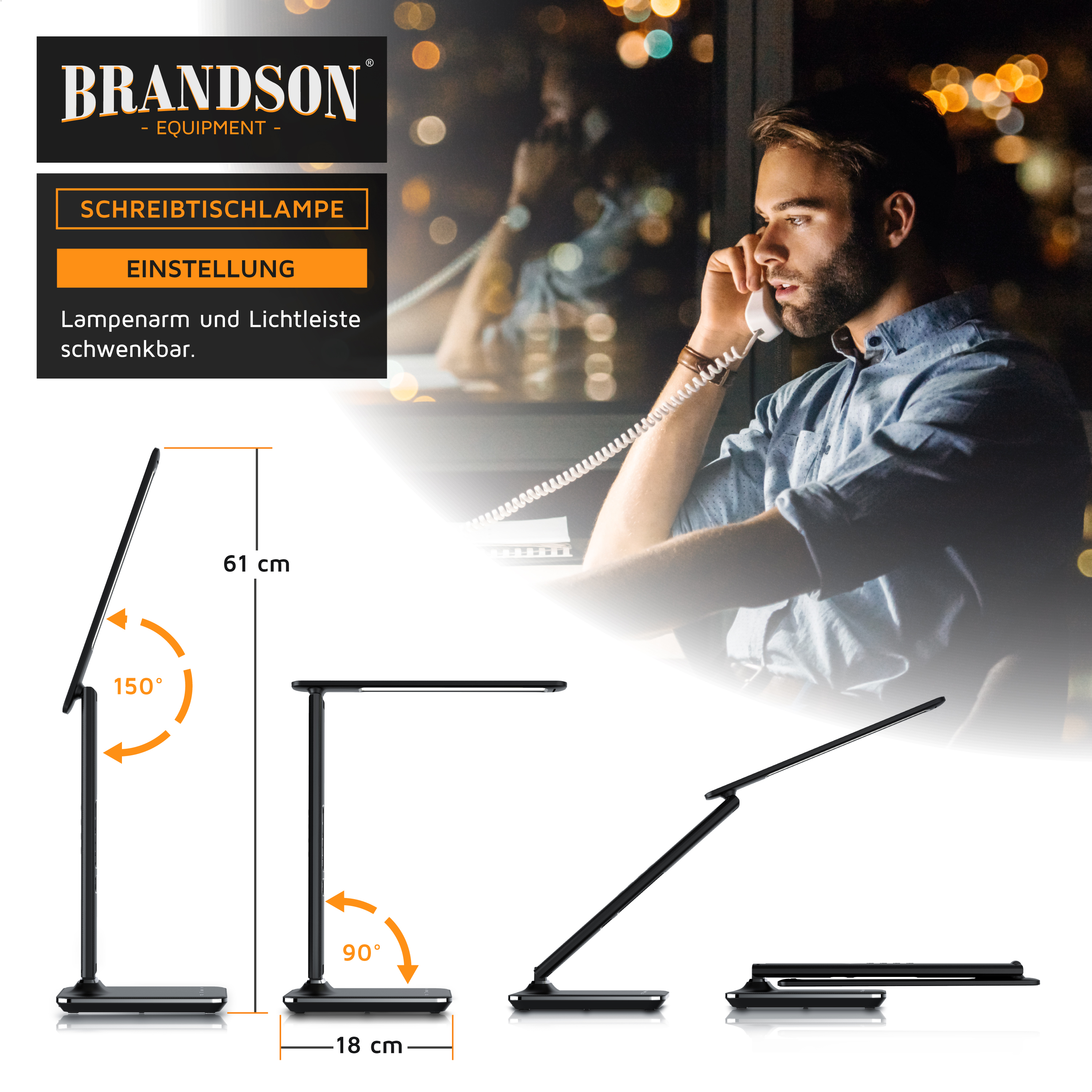 Brandson Schreibtischlampe mit schwenkbarem Lampenarm und Lichtleiste in Schwarz, ideal für den Einsatz am Arbeitsplatz.