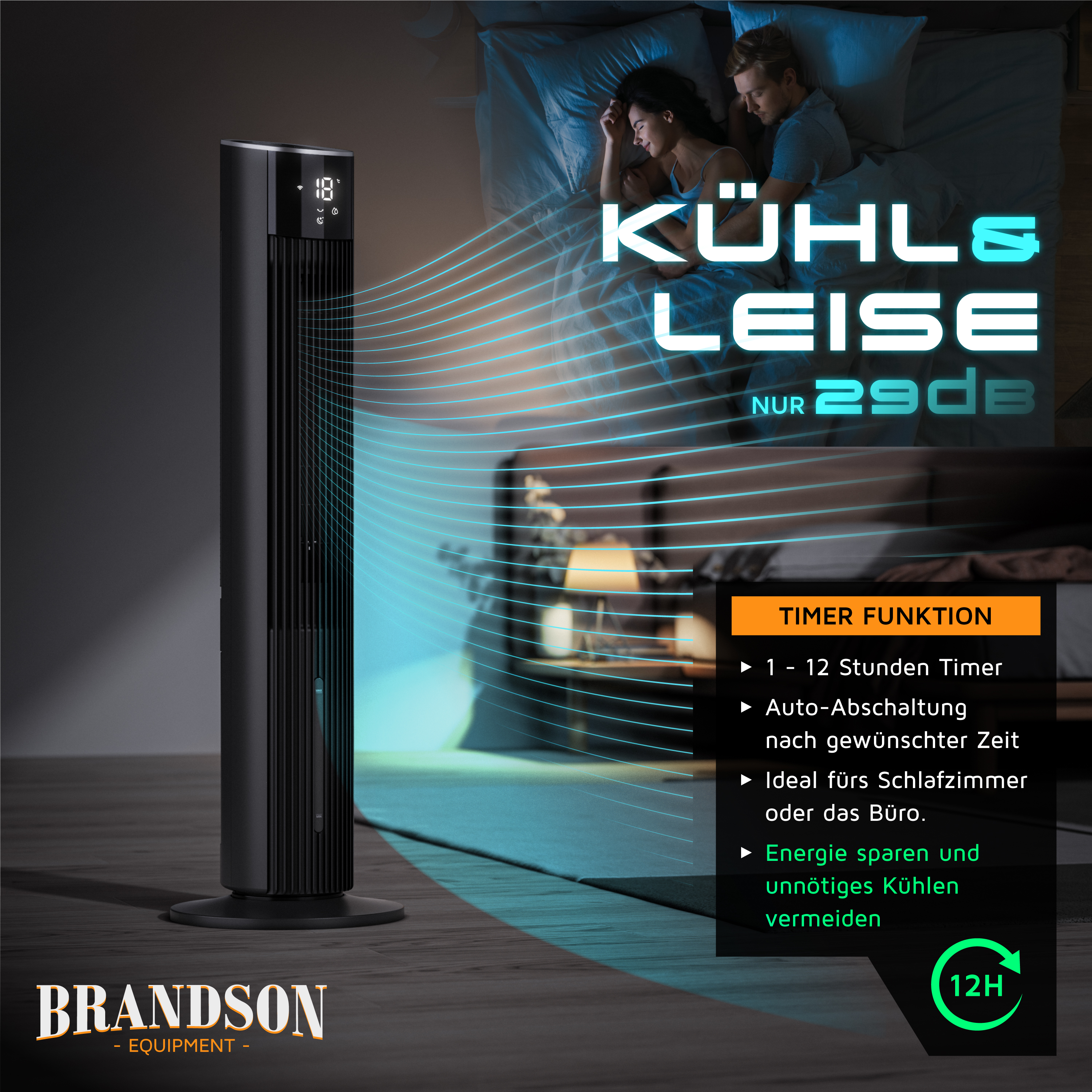 Brandson Turmventilator in Schwarz mit digitalem Display und Bedienfeld, ideal für Schlafzimmer oder Büro, leise im Betrieb.
