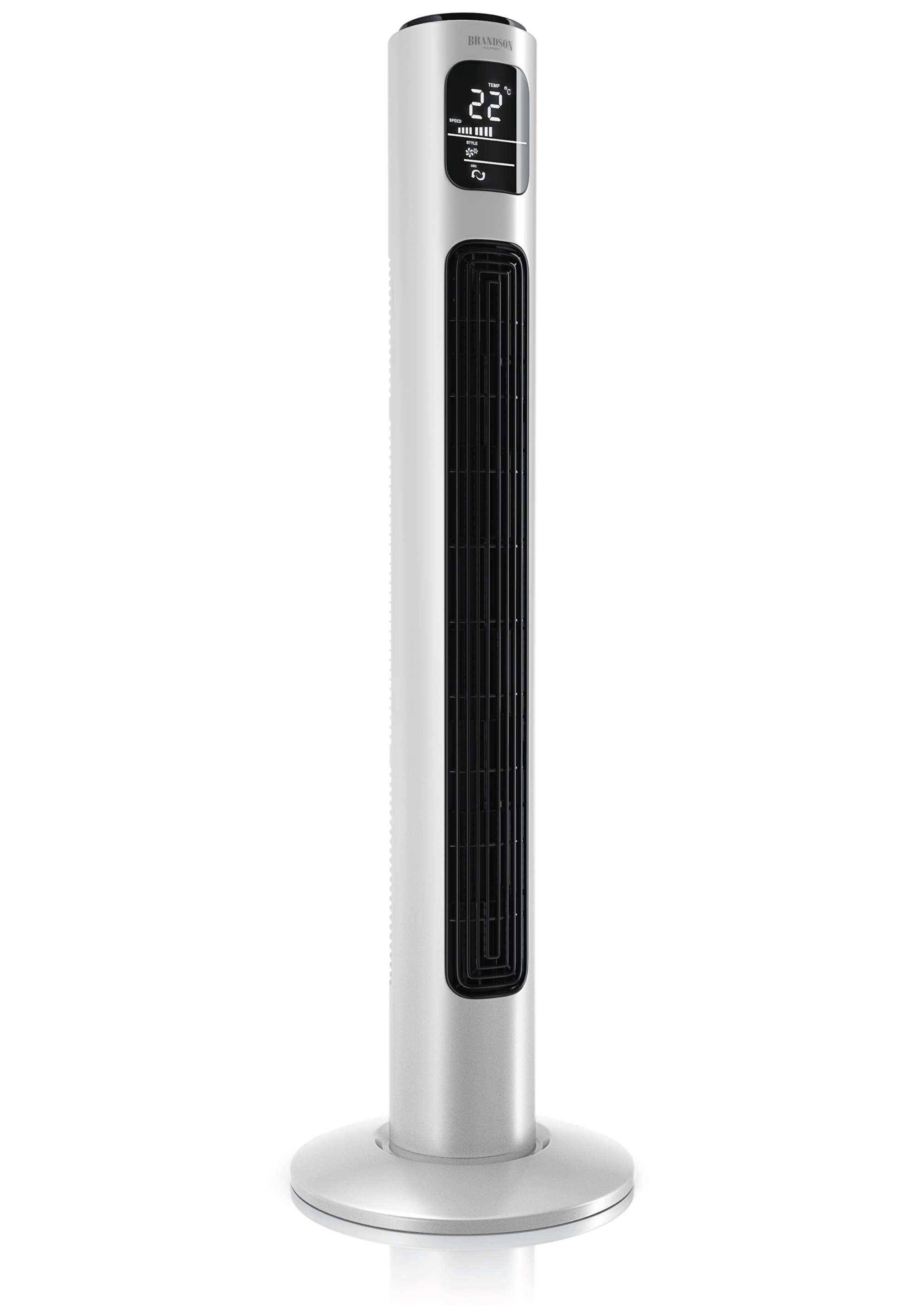 Brandson Turmventilator in Silber mit digitalem Display, Bedienfeld und schlanker Bauform für effiziente Luftzirkulation.