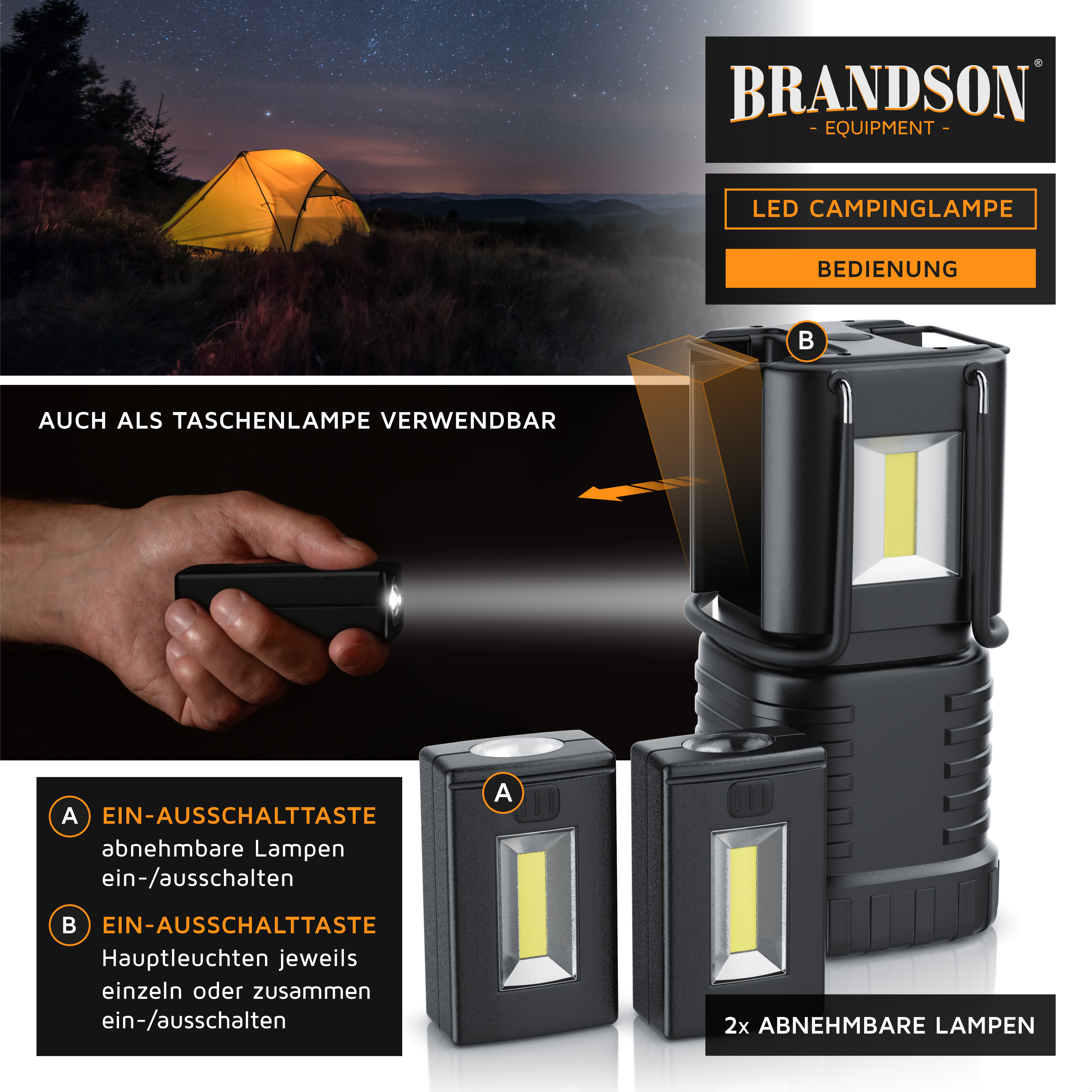 Brandson LED-Campinglampe mit abnehmbaren Lichtern, robustem Design und Taschenlampenfunktion, ideal für den Außenbereich.