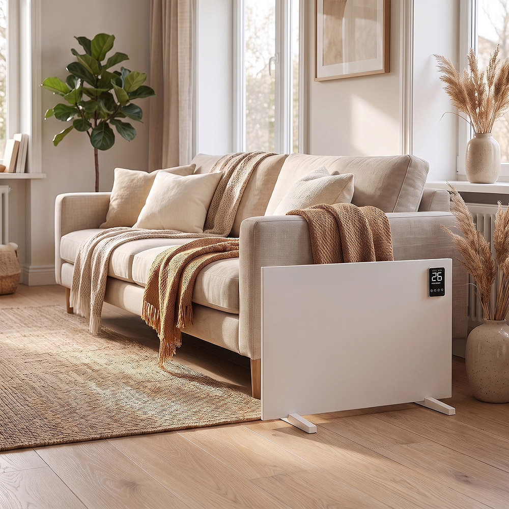 Brandson-Konvektionsheizgerät in Weiß mit Digitalanzeige, stehend auf einem Holzboden in einem gemütlichen Wohnzimmer neben einem beigen Sofa.