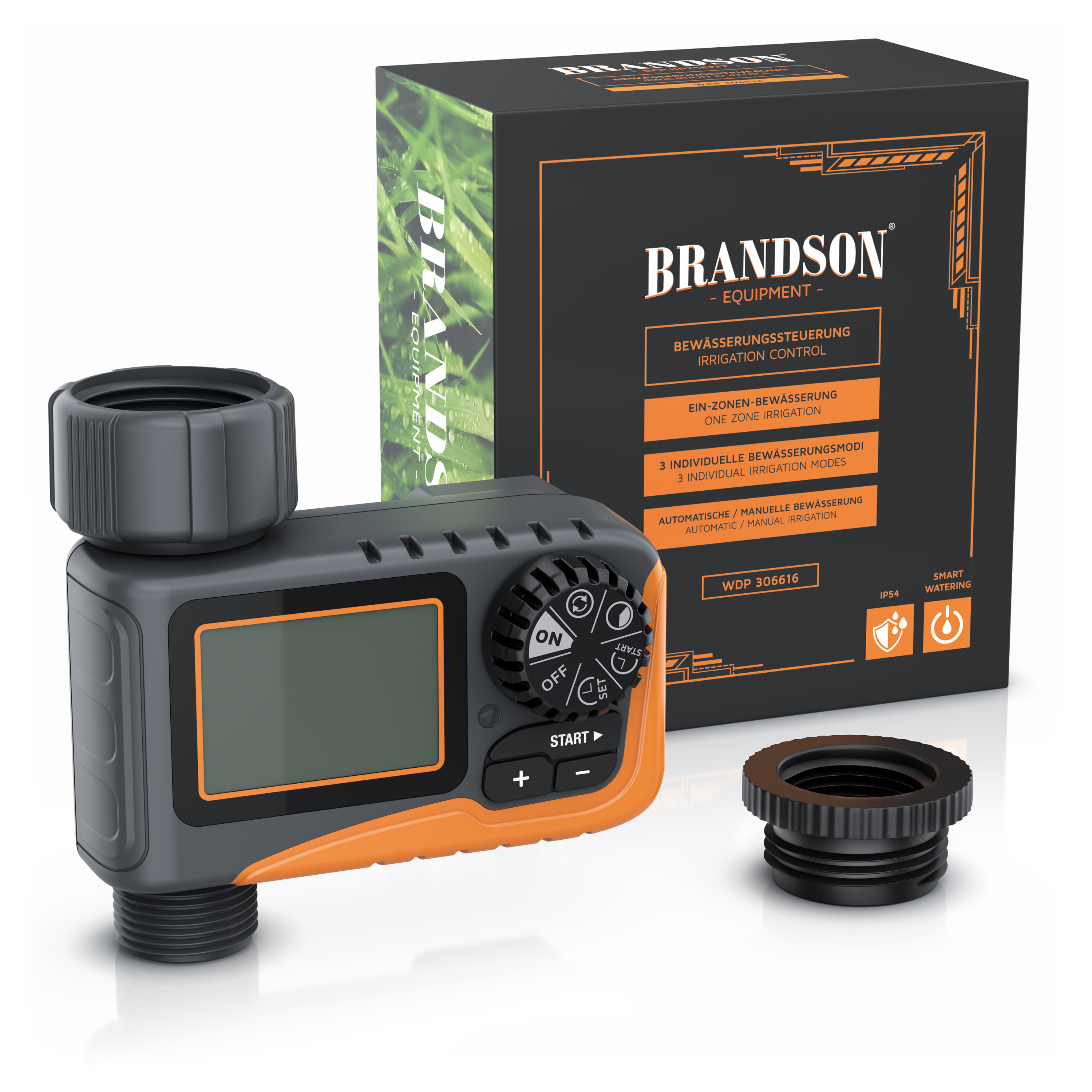 Bewässerungssteuergerät von Brandson mit Digitalanzeige, Drehregler und orangefarbenen Akzenten sowie einem Anschluss und einer Verpackung.