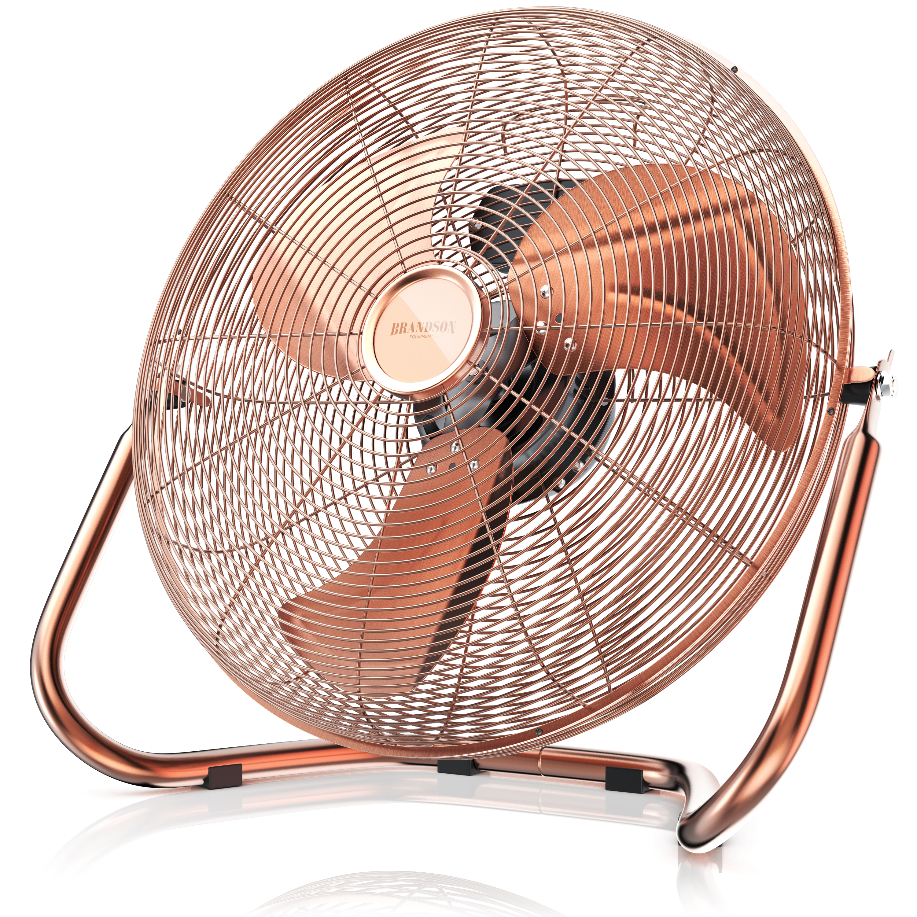 Brandson Standventilator in Kupferfarbe mit stabiler Metallkonstruktion und großen Lüfterblättern für effektive Luftzirkulation.