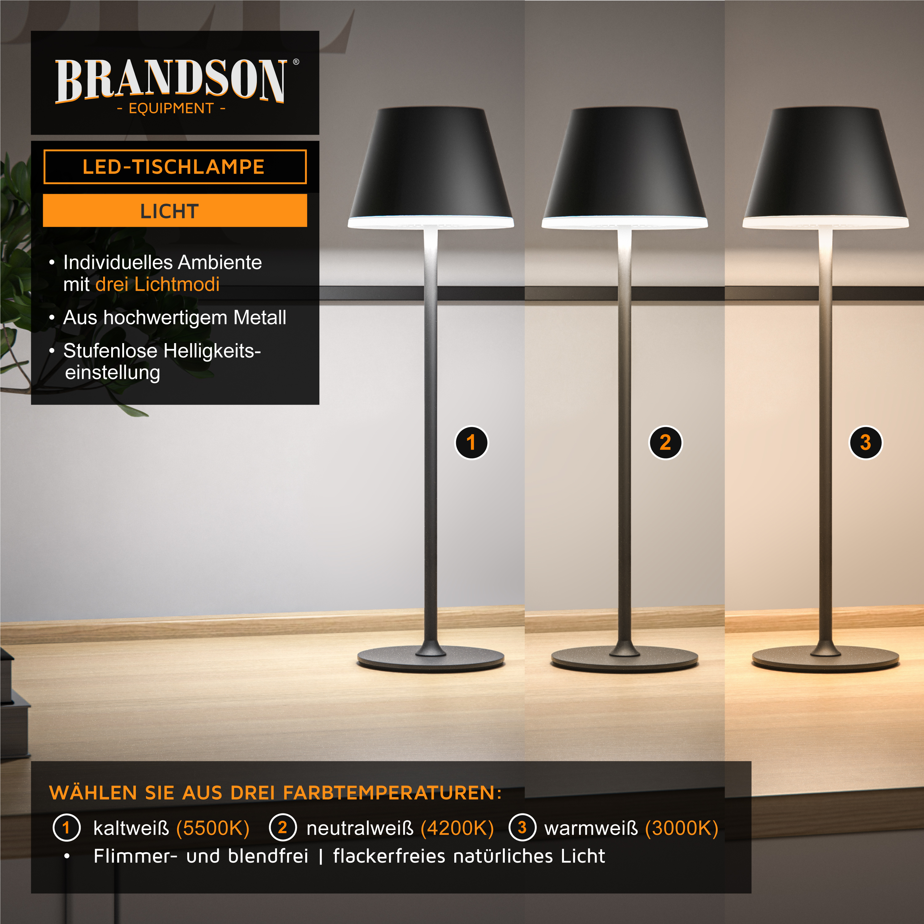 Brandson LED-Tischlampe mit elegantem Metalldesign, einstellbarer Helligkeit und drei Farbtemperatureinstellungen für eine individuell anpassbare Atmosphäre.