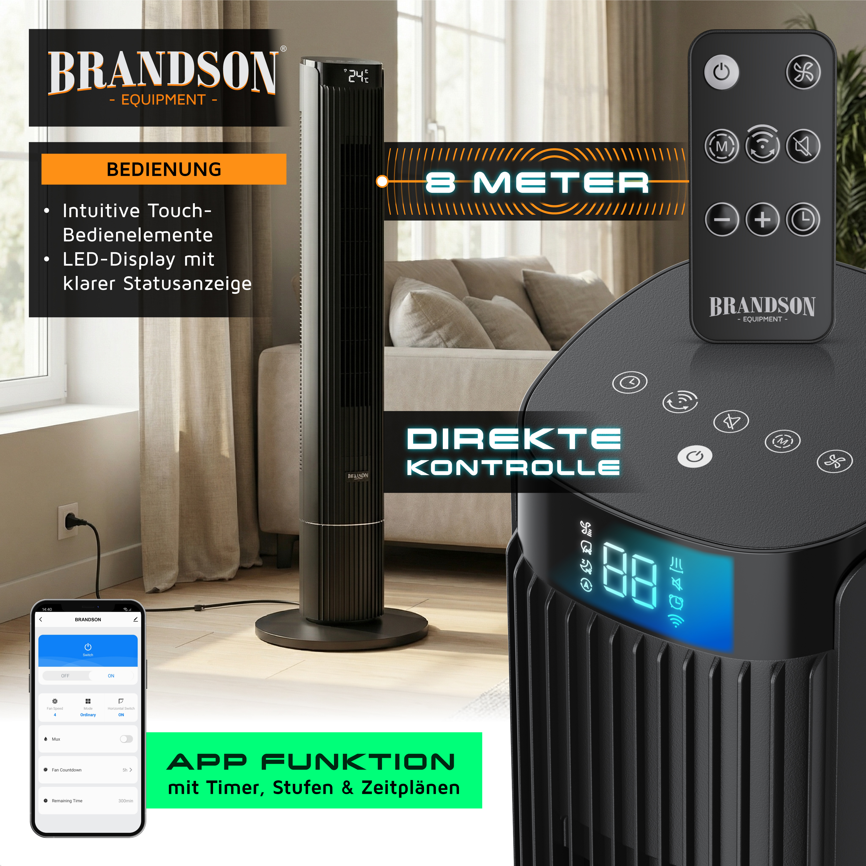 Turmventilator von Brandson mit intuitiver Touch-Steuerung, LED-Anzeige und Fernbedienung, konzipiert für effiziente Kühlung in Wohnräumen.