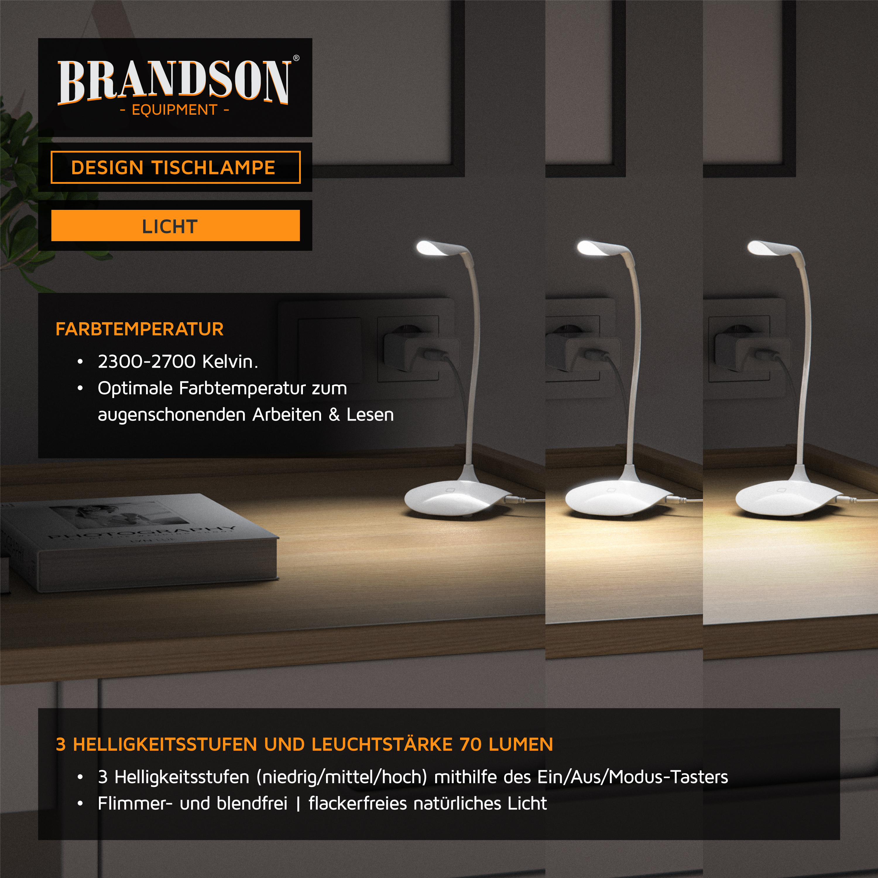 Design-Tischlampe von Brandson mit flexiblem Hals, weißem Sockel und drei Helligkeitsstufen für komfortables Lesen und Arbeiten.