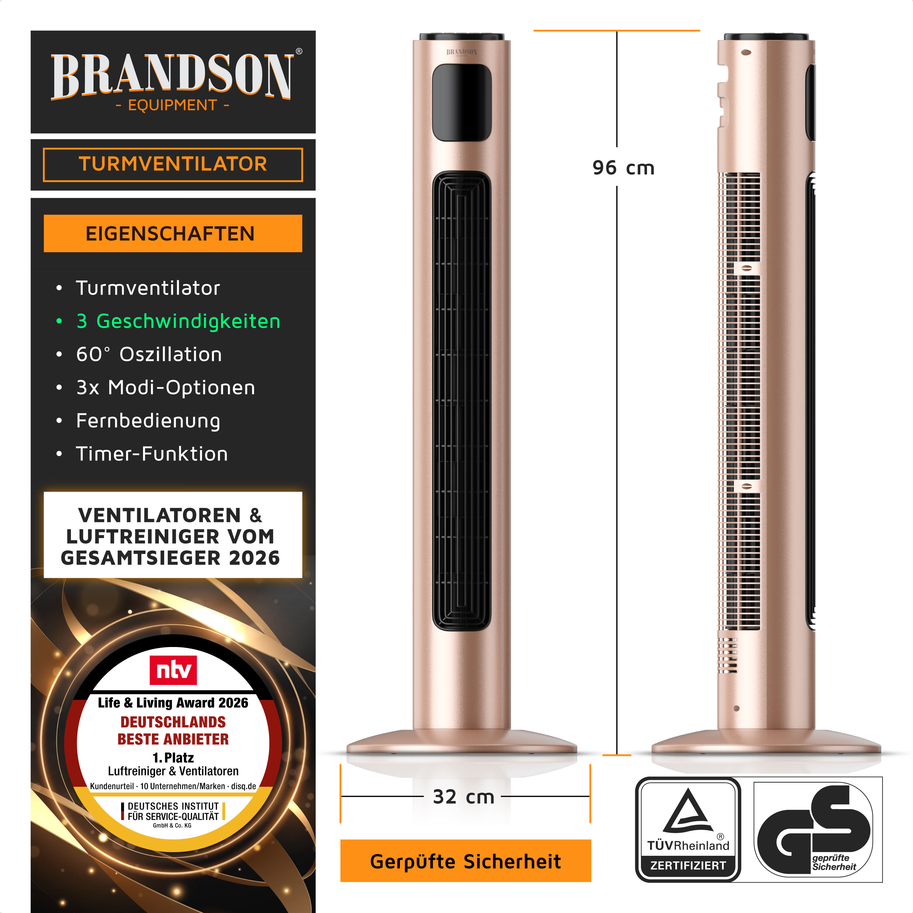 Brandson Turmventilator in Roségold mit 96 cm Höhe, 60° Oszillation, Fernbedienung und Timer-Funktion, stabiler Standfuß.