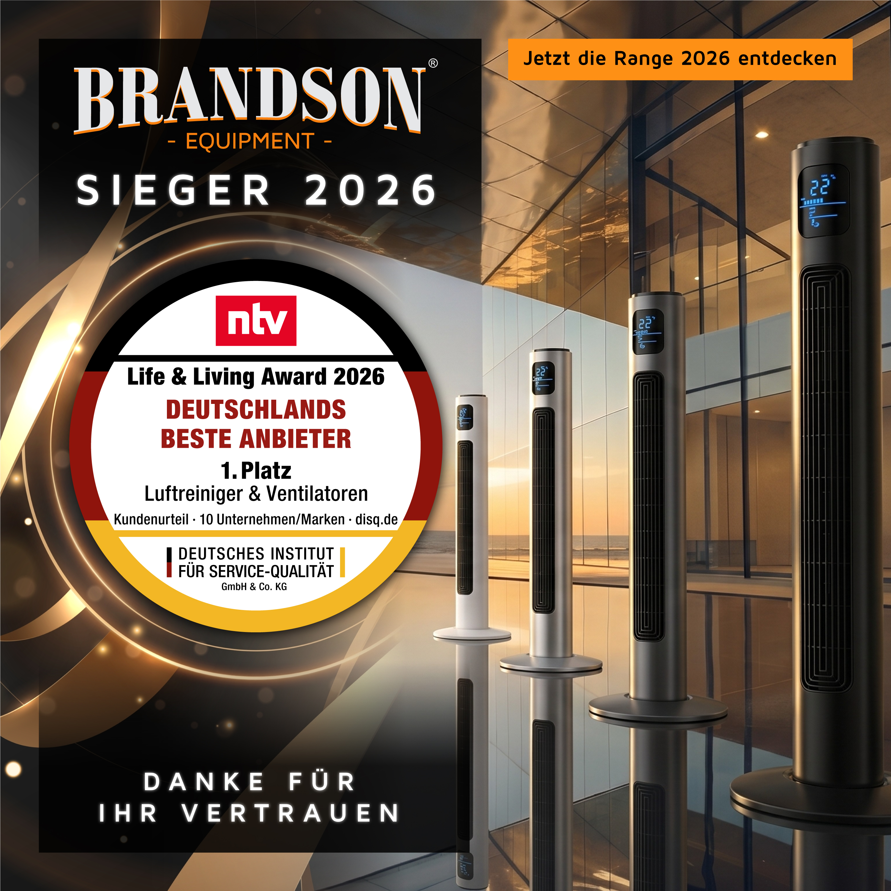 Brandson Turmventilator in verschiedenen Farben mit digitalem Display und Bedienfeld, ideal für moderne Wohnräume.