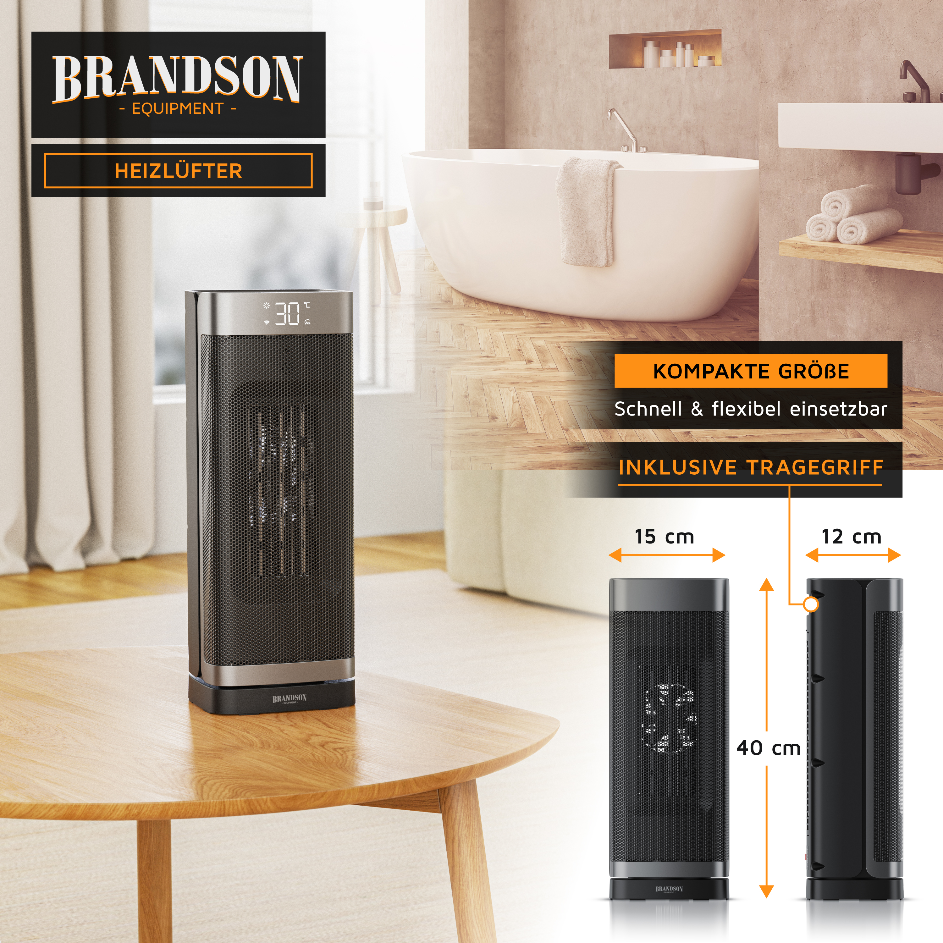 Brandson Heizlüfter in kompakter Bauform mit digitalem Display und Tragegriff, ideal für schnelle und flexible Nutzung im Wohnraum.