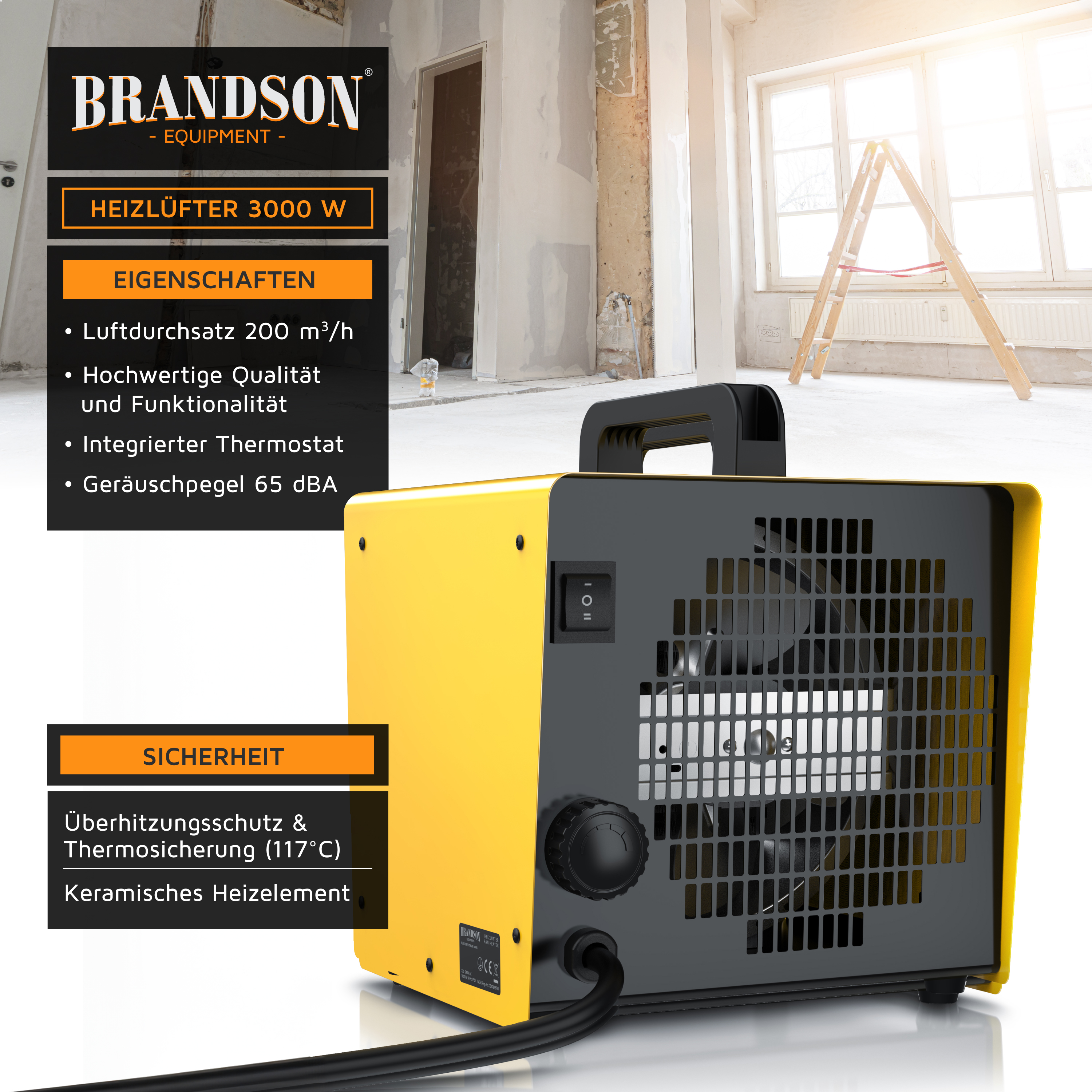 Brandson Heizlüfter mit gelbem und schwarzem Gehäusefarbe, integriertem Thermostat und Tragegriff, ideal für Baustellen.