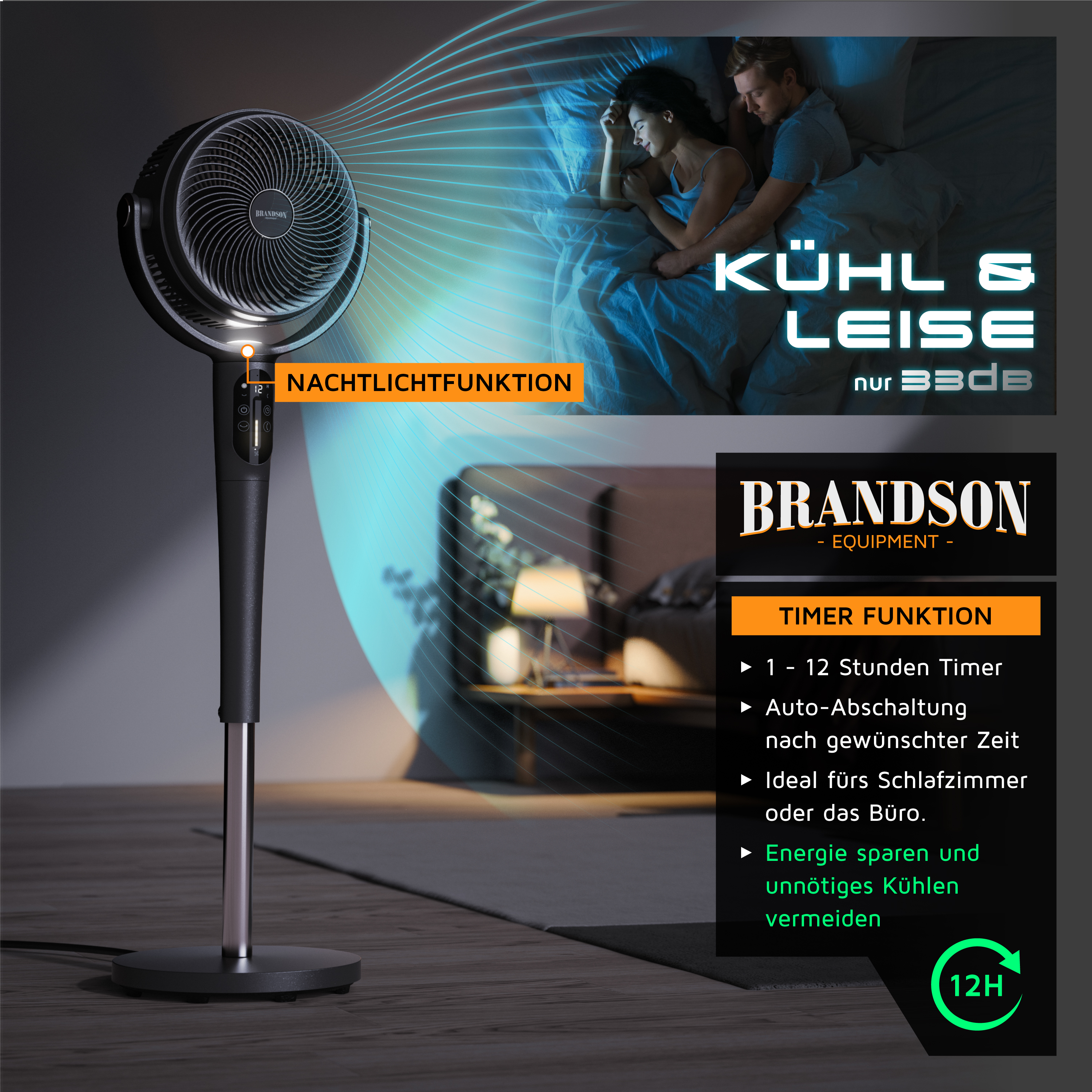 Standventilator von Brandson mit elegantem Design, schwarzer Farbe, Fernbedienung und Timer-Funktion, ideal für Schlafzimmer oder Büros.