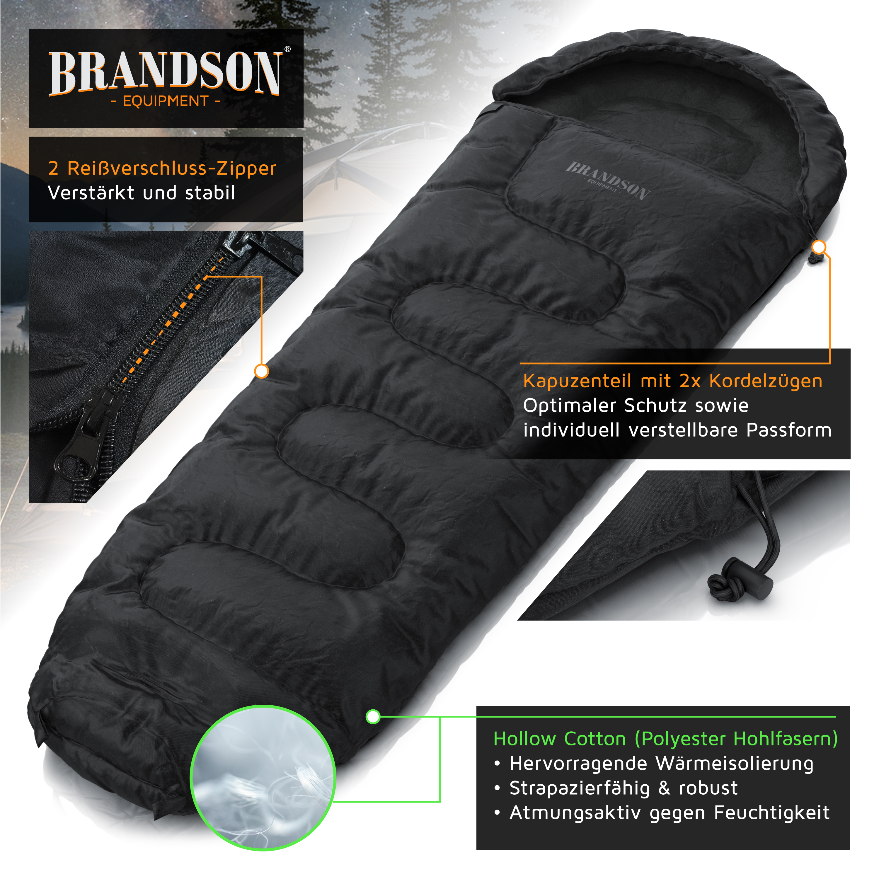 Brandson-Schlafsack in Schwarz mit zwei Reißverschlüssen, verstellbarer Kapuze mit Kordelzug und gestepptem Design für Wärme und Komfort.