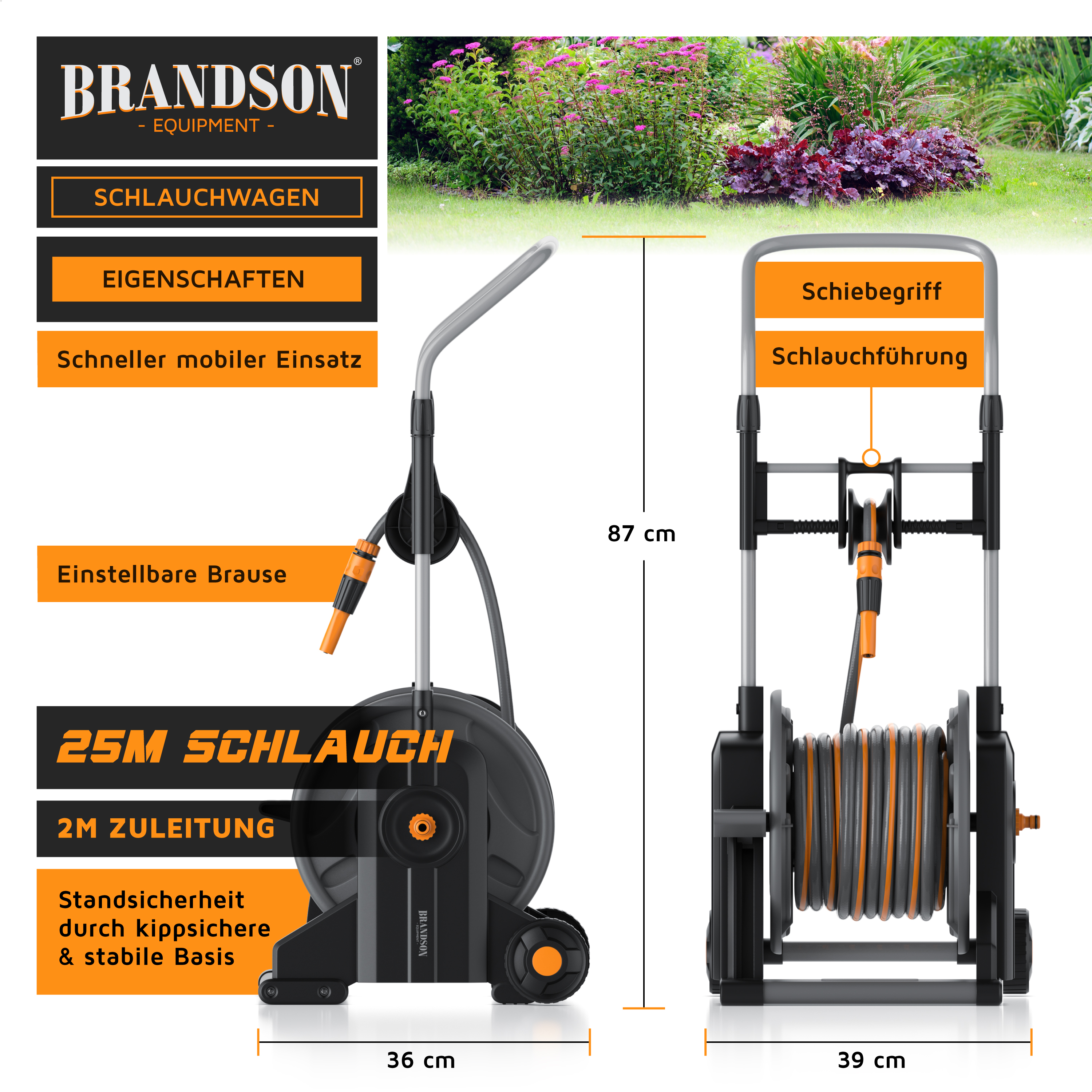 Brandson Schlauchwagen mit einstellbarer Brause, stabiler Basis und Schiebegriff für einfachen Transport im Garten.