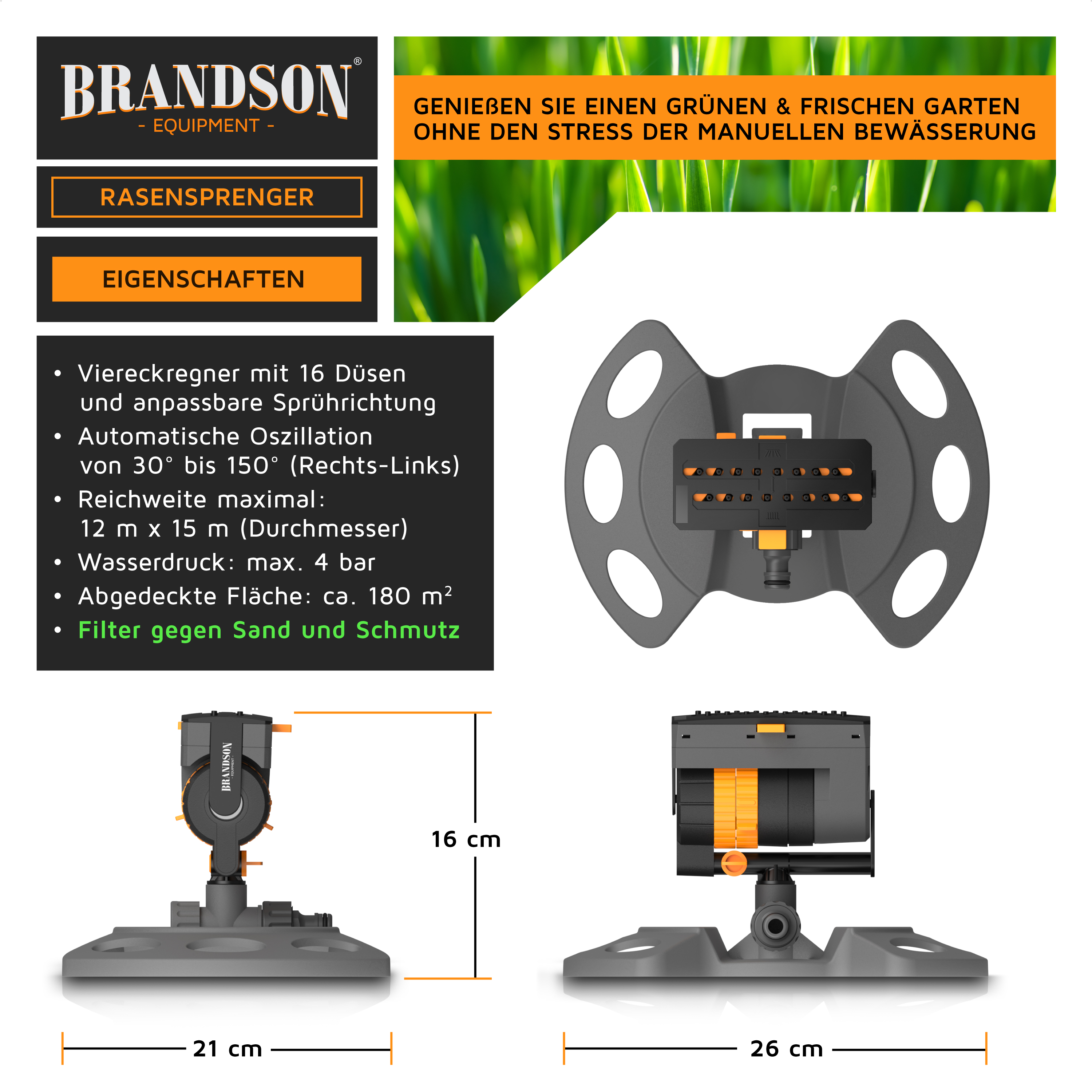 Brandson Rasensprenger mit 16 Düsen, automatischer Oszillation und anpassbarer Sprührichtung, graues Kunststoffdesign.