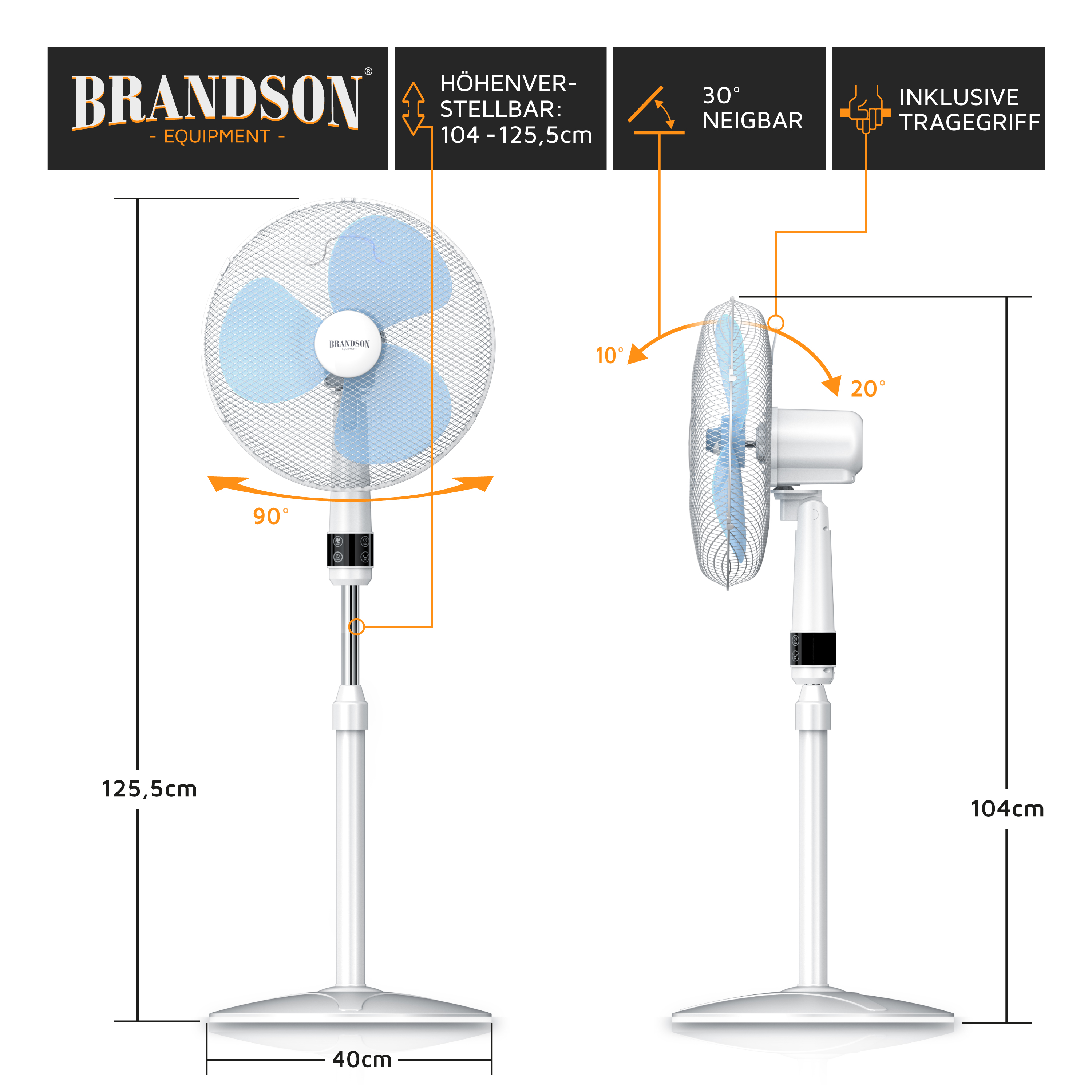 Standventilator von Brandson mit verstellbarer Höhe, blauen Flügeln und einer stabilen Basis mit neigbarem Kopf und Tragegriff.