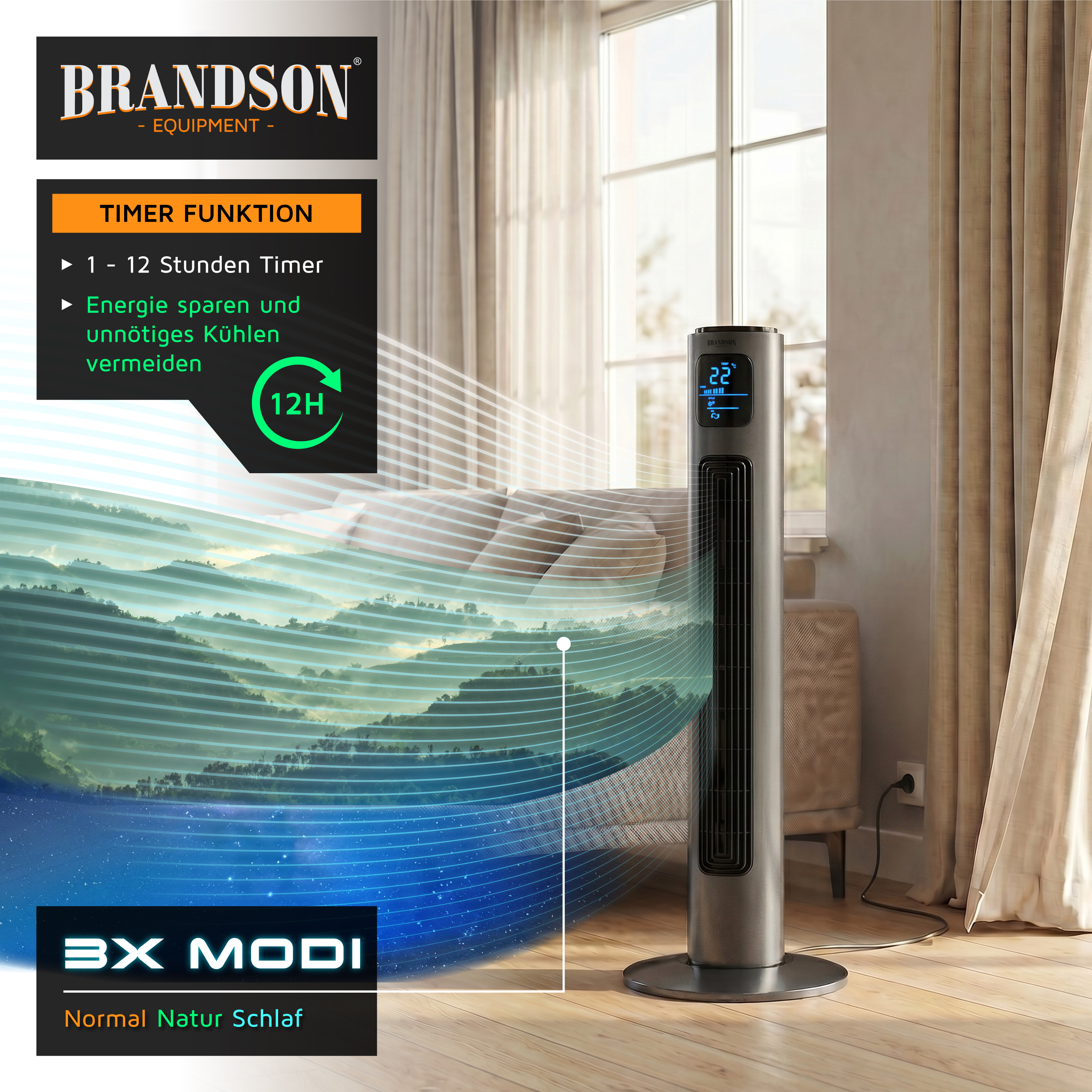 Brandson-Turmventilator mit elegantem Design, Digitalanzeige und Timer-Funktion, platziert in einem hellen Wohnzimmer.