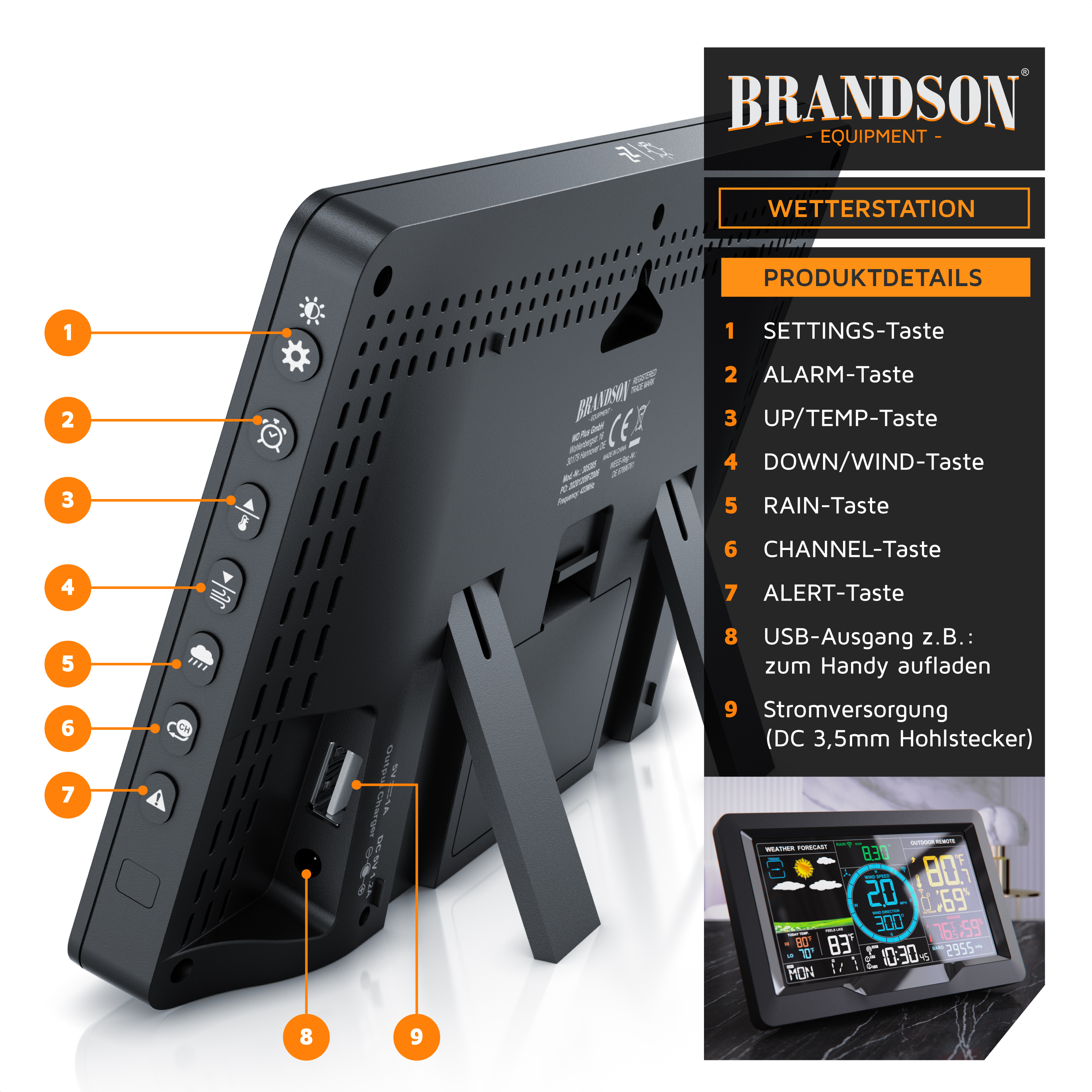 Brandson-Wetterstation mit schwarzem Gehäuse, verschiedenen Tasten für Einstellungen, Alarm, Temperatur und USB-Ausgang, angezeigt auf einem Ständer.
