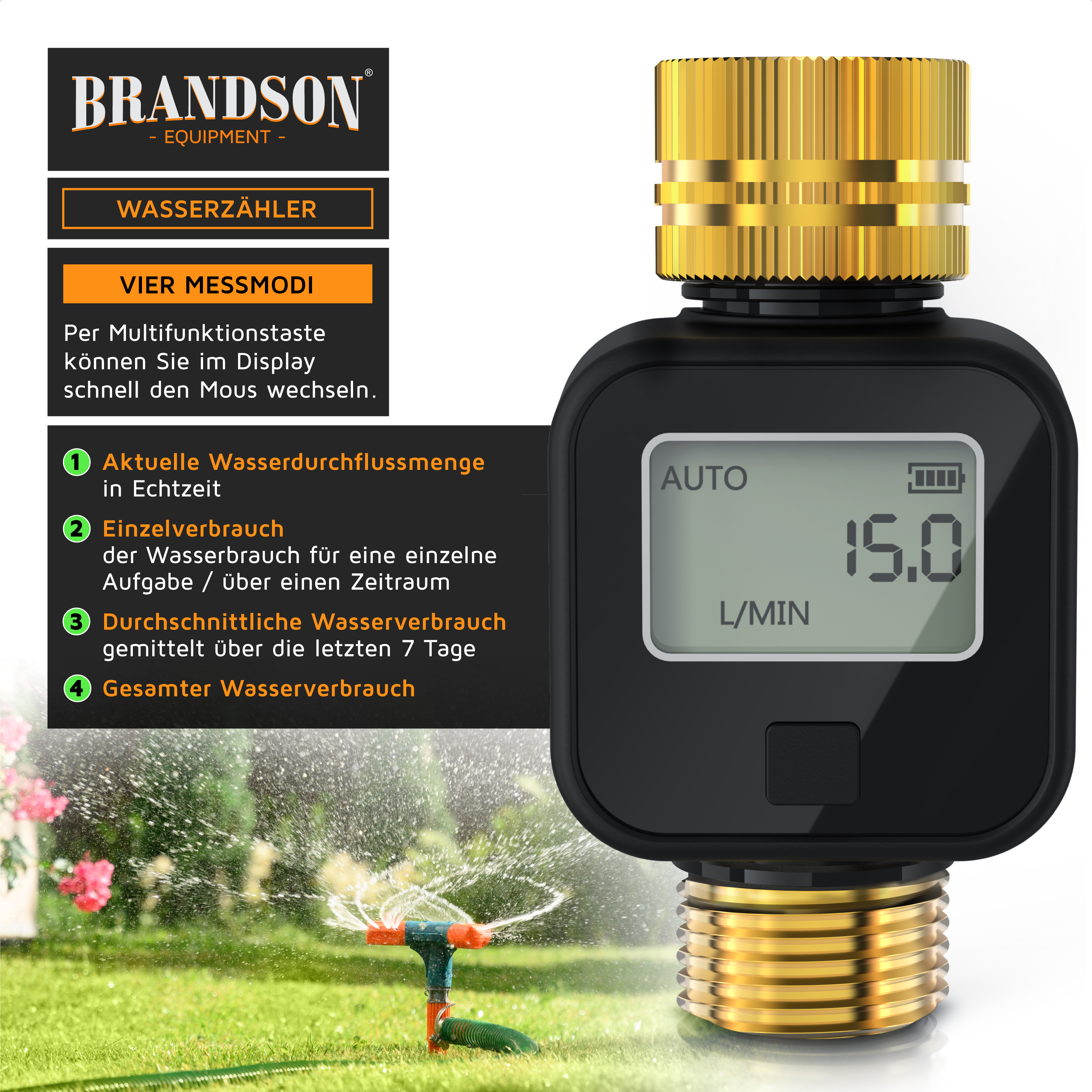 Brandson Wasserzähler mit digitalem Display, Multifunktionstaste und goldfarbener Anschlussmutter zur Messung des Wasserverbrauchs.