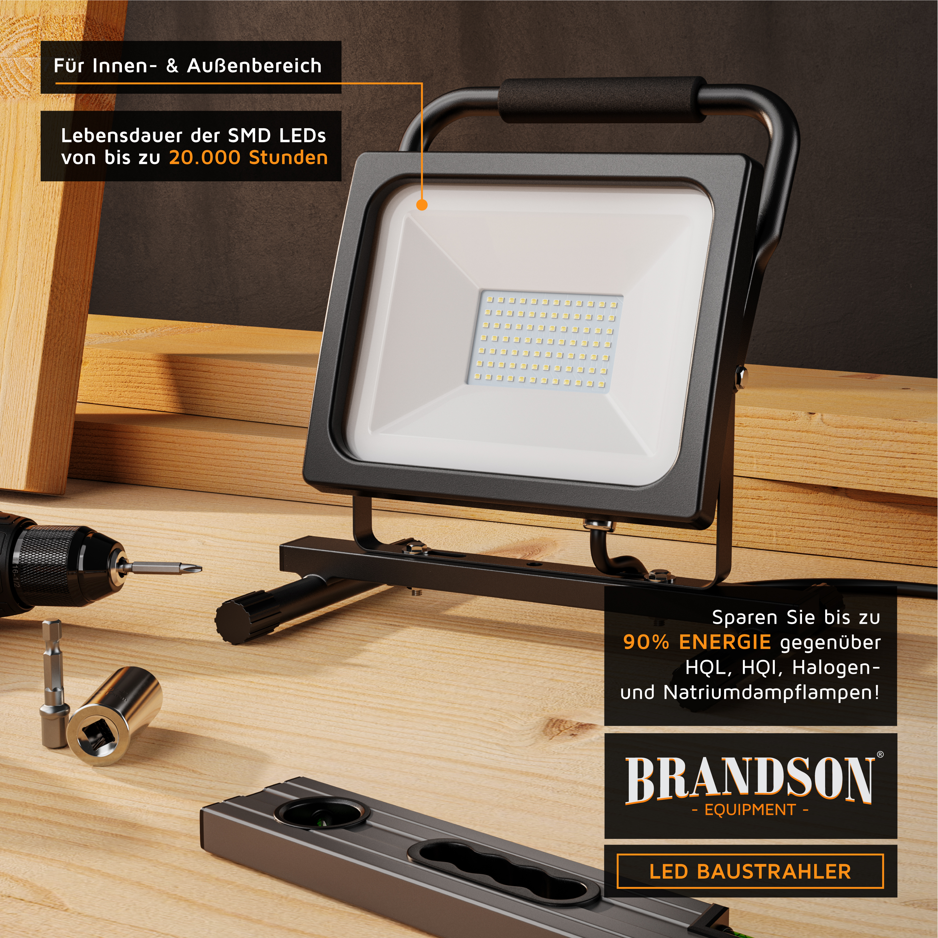 Brandson LED-Bauleuchte mit stabilem schwarzem Rahmen, geeignet für den Innen- und Außenbereich, mit hellem LED-Panel und Griff.