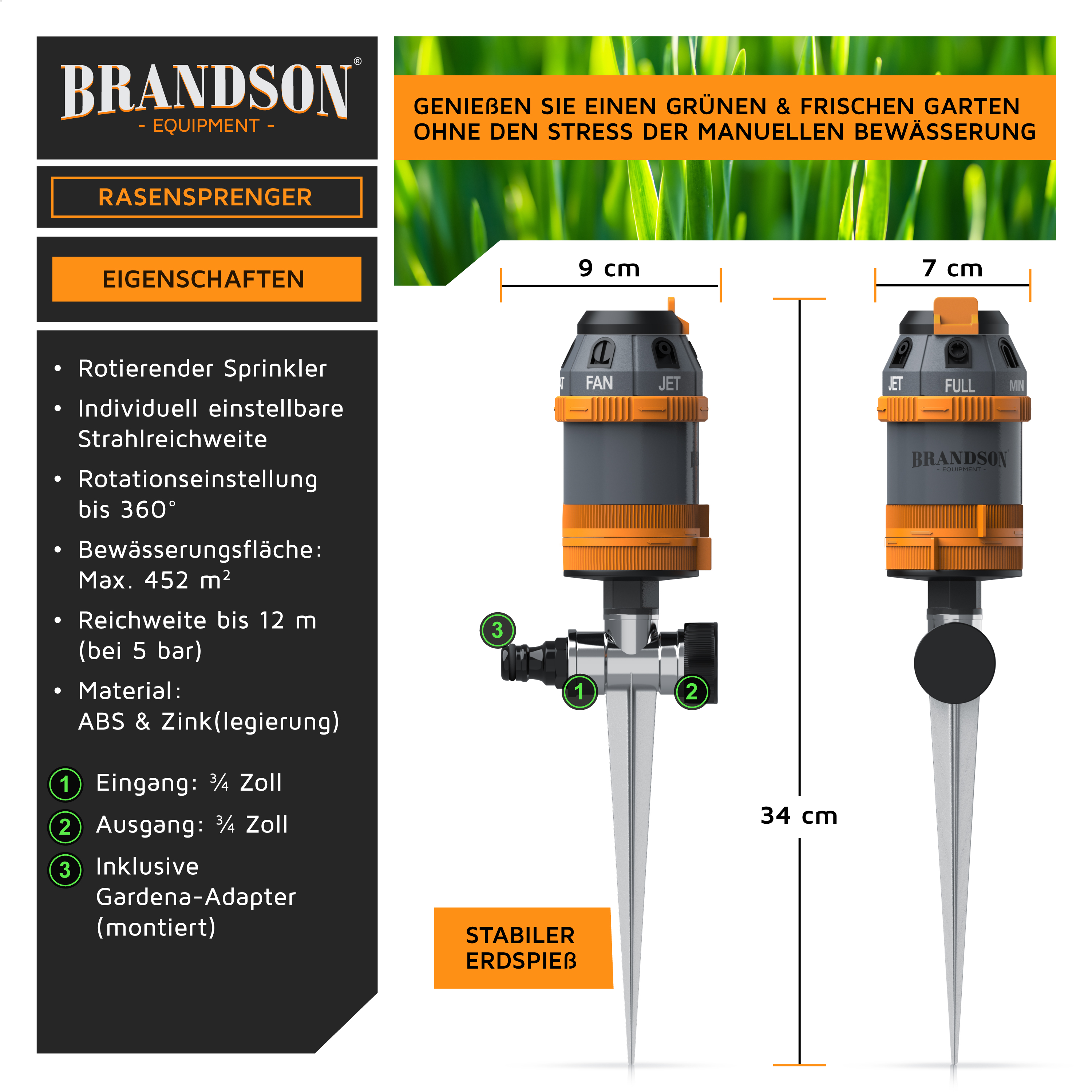 Brandson Rasensprenger mit rotierendem Sprinkler, individuell einstellbarer Strahlreichweite und stabilem Erdspeiß.