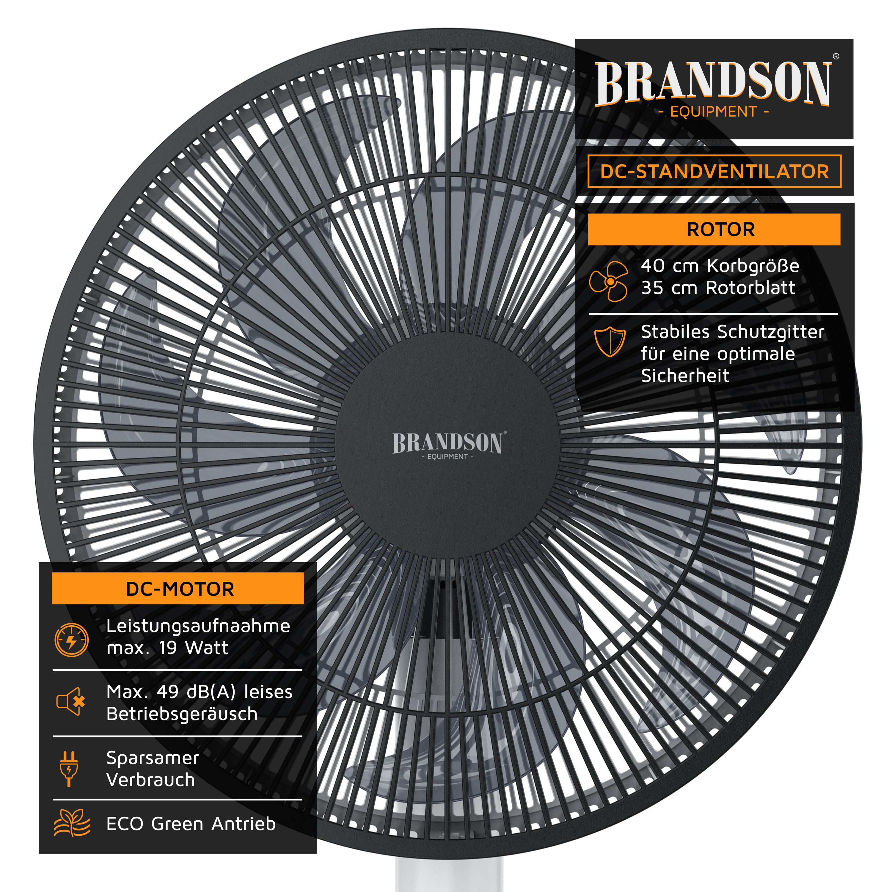 Brandson Standventilator mit 40 cm Korbgröße, schwarzem Schutzgitter und leisem DC-Motor für optimalen Luftstrom.
