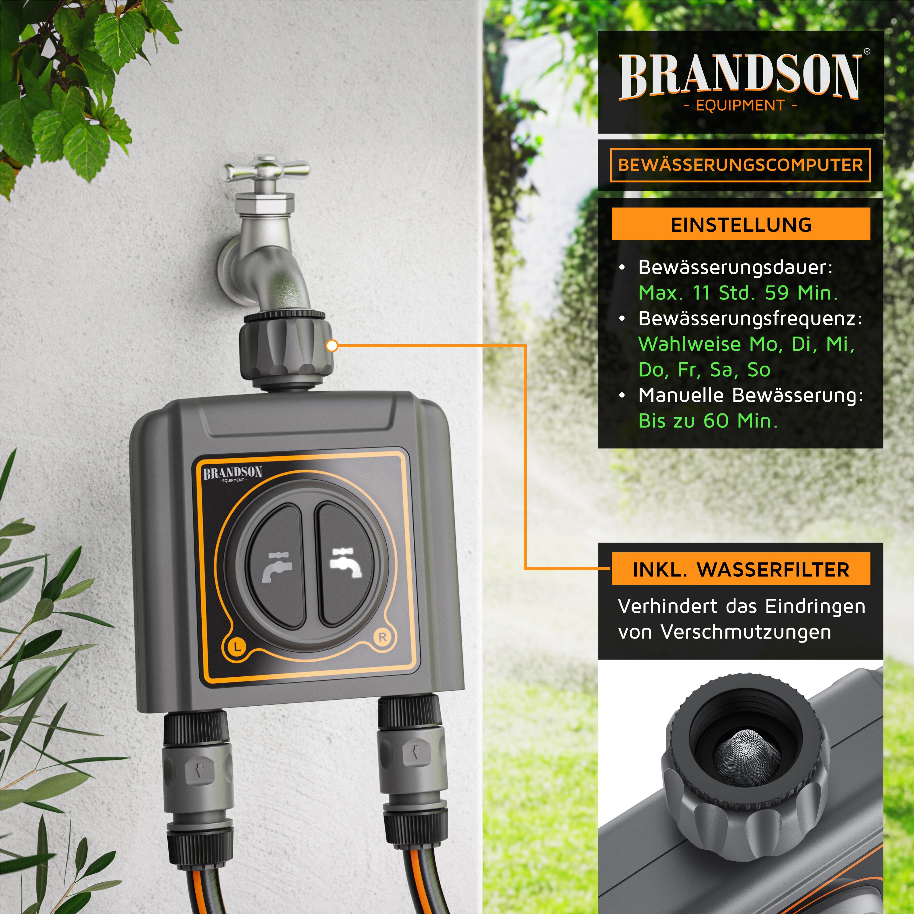 Brandson Bewässerungscomputer mit grauem Gehäuse, zwei Einstellknöpfen und Wasserfilteranschluss, montiert an einem Wasserhahn.