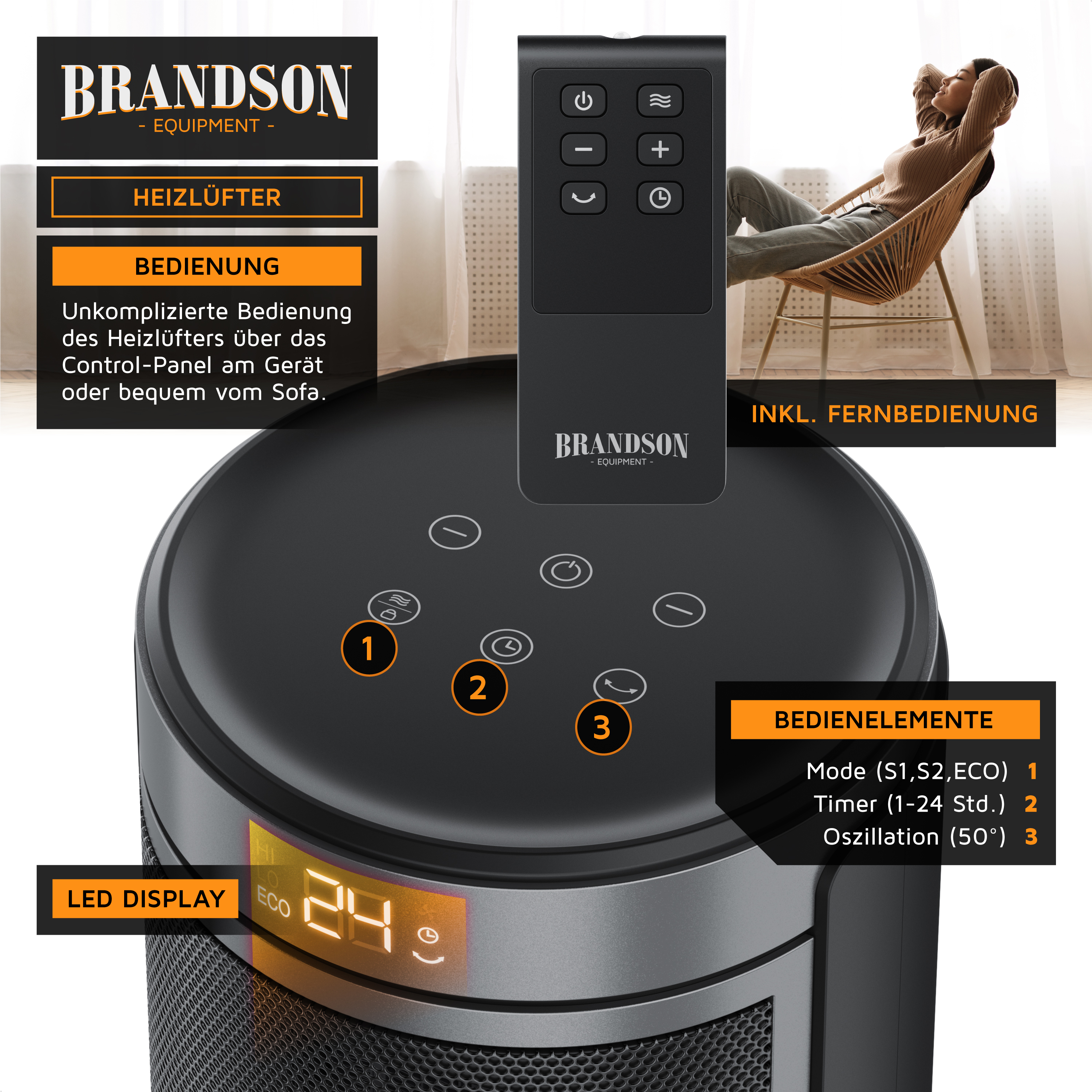 Brandson Heizlüfter mit LED-Display und Fernbedienung, Bedienfeld auf der Oberseite, elegantes schwarzes Design, ideal für den Einsatz im Wohnzimmer.
