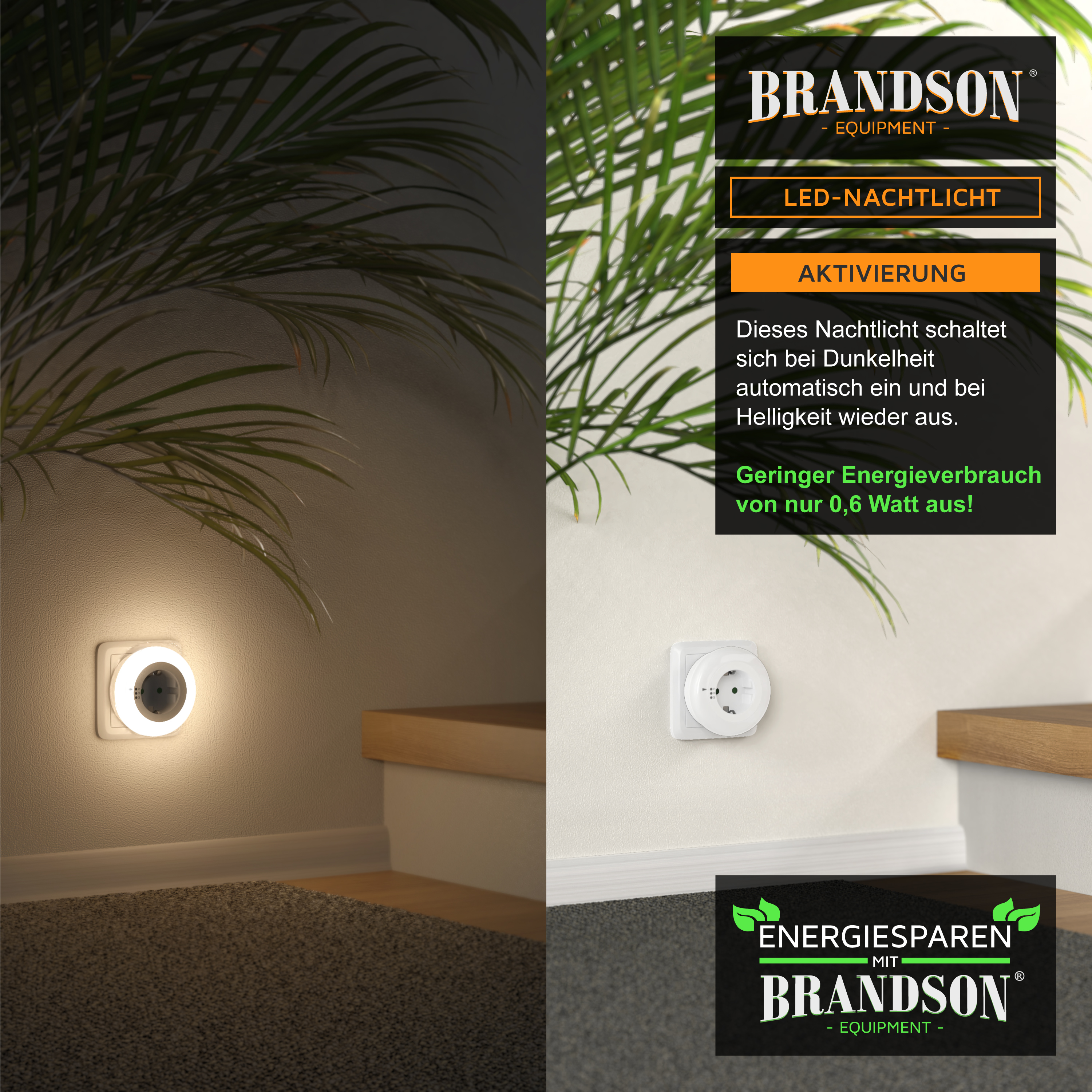 Brandson LED-Nachtlicht mit automatischer Aktivierung im weißen, quadratischen Design, das einen dunklen Bereich in der Nähe von Treppen beleuchtet.