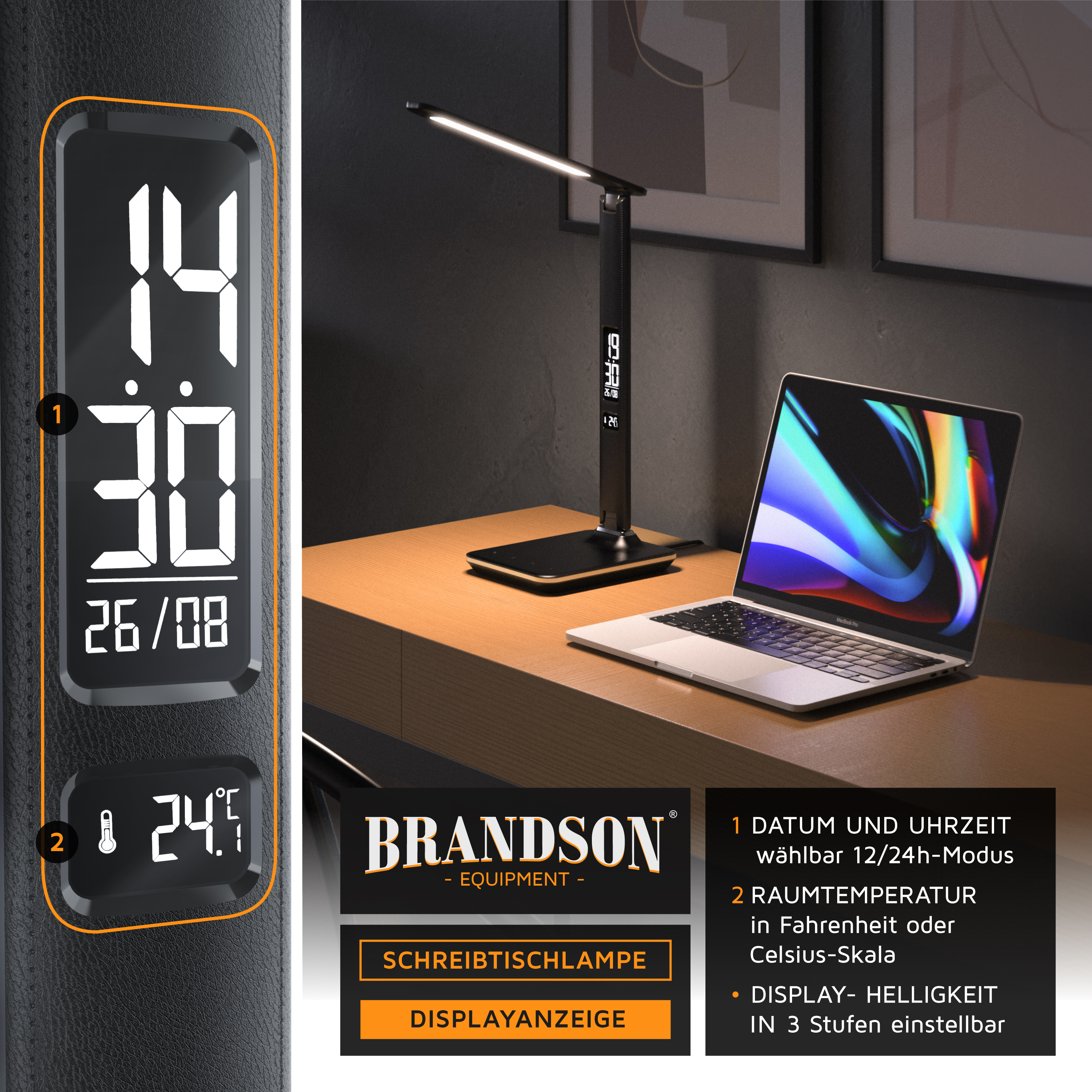 Brandson-Schreibtischlampe mit elegantem schwarzem Design und digitaler Anzeige für Zeit und Temperatur, platziert auf einem Holzschreibtisch neben einem Laptop.