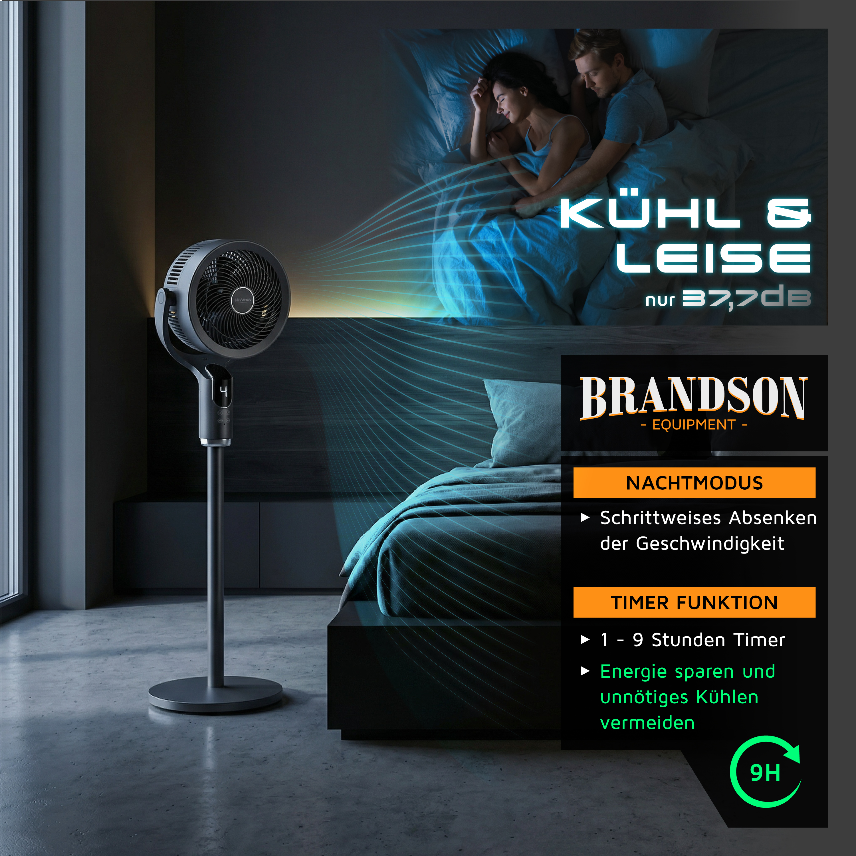 Brandson Standventilator mit elegantem Design, schwarzer Farbe, Digitalanzeige und Fernbedienung, positioniert in einem modernen Schlafzimmer.