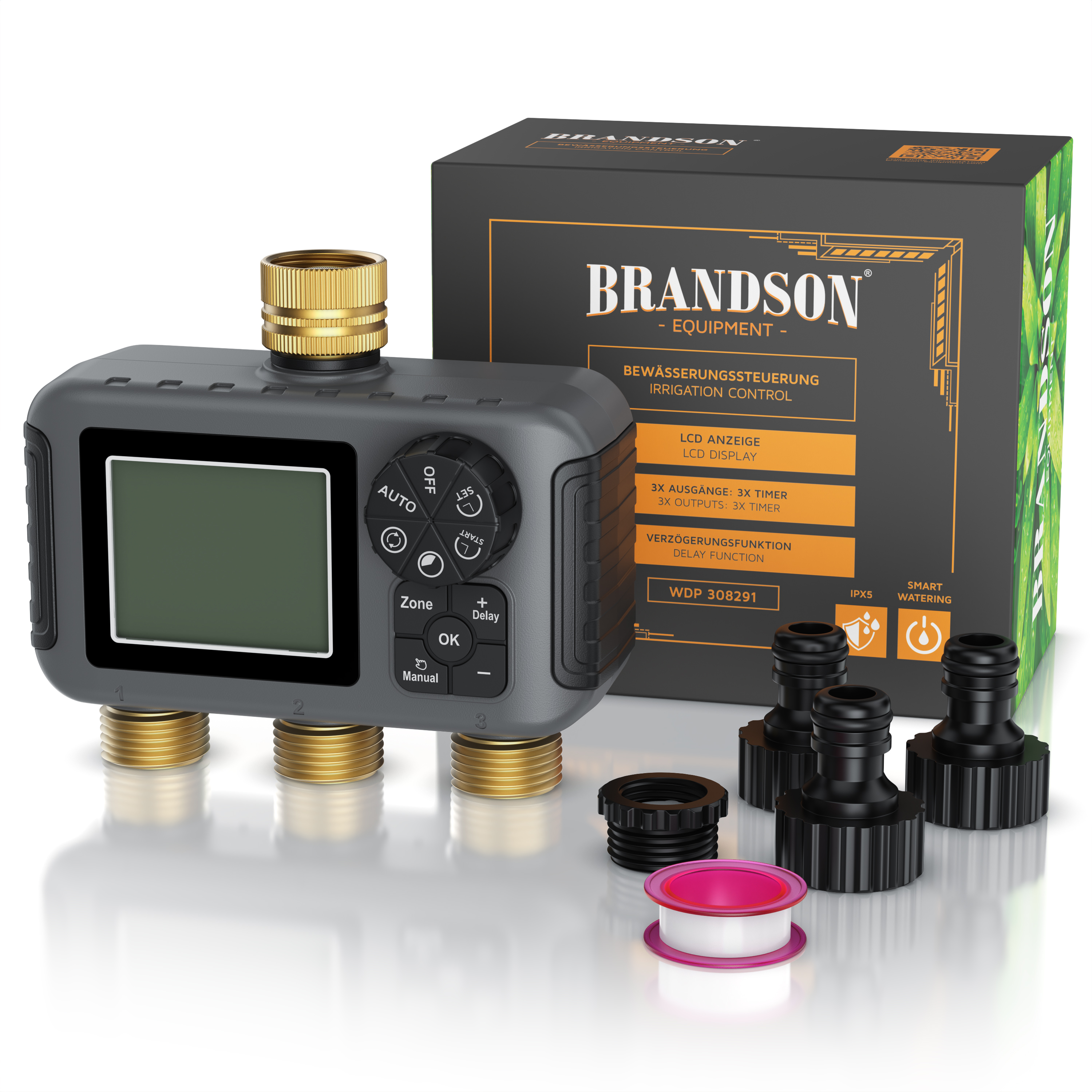 Bewässerungssteuergerät von Brandson mit LCD-Display, mehreren Ausgängen und mitgelieferten Anschlüssen, präsentiert in der Verpackung.