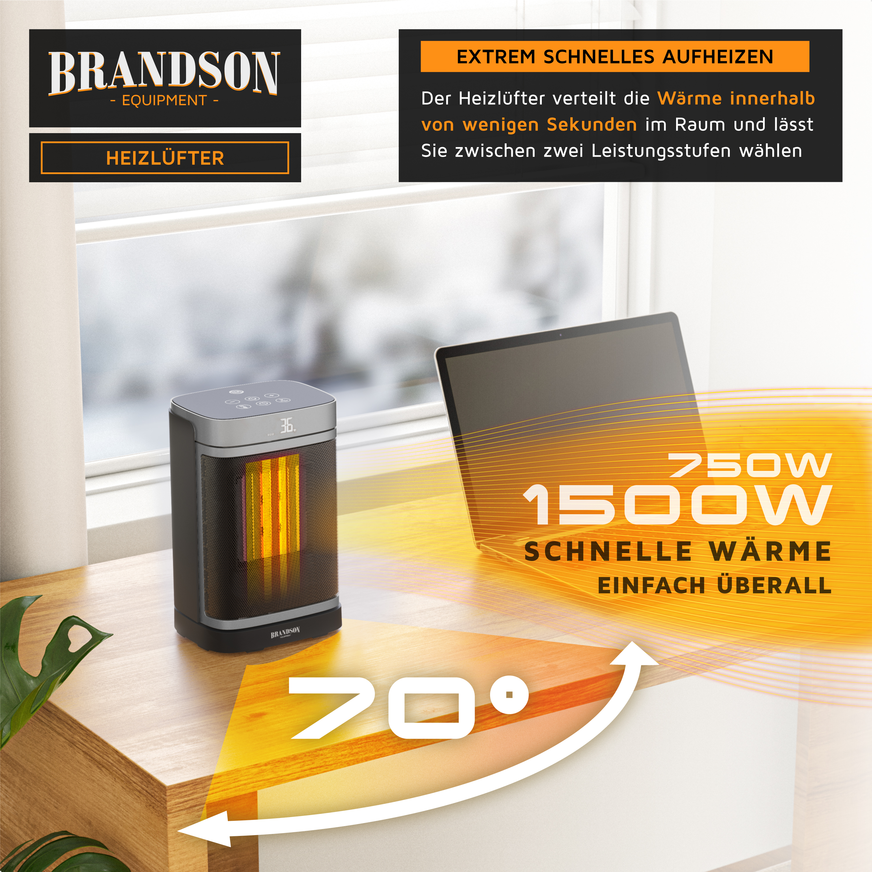 Brandson Heizlüfter mit schwarzem Gehäuse, digitalem Display und Bedienfeld, auf einem Tisch neben einem Laptop platziert.
