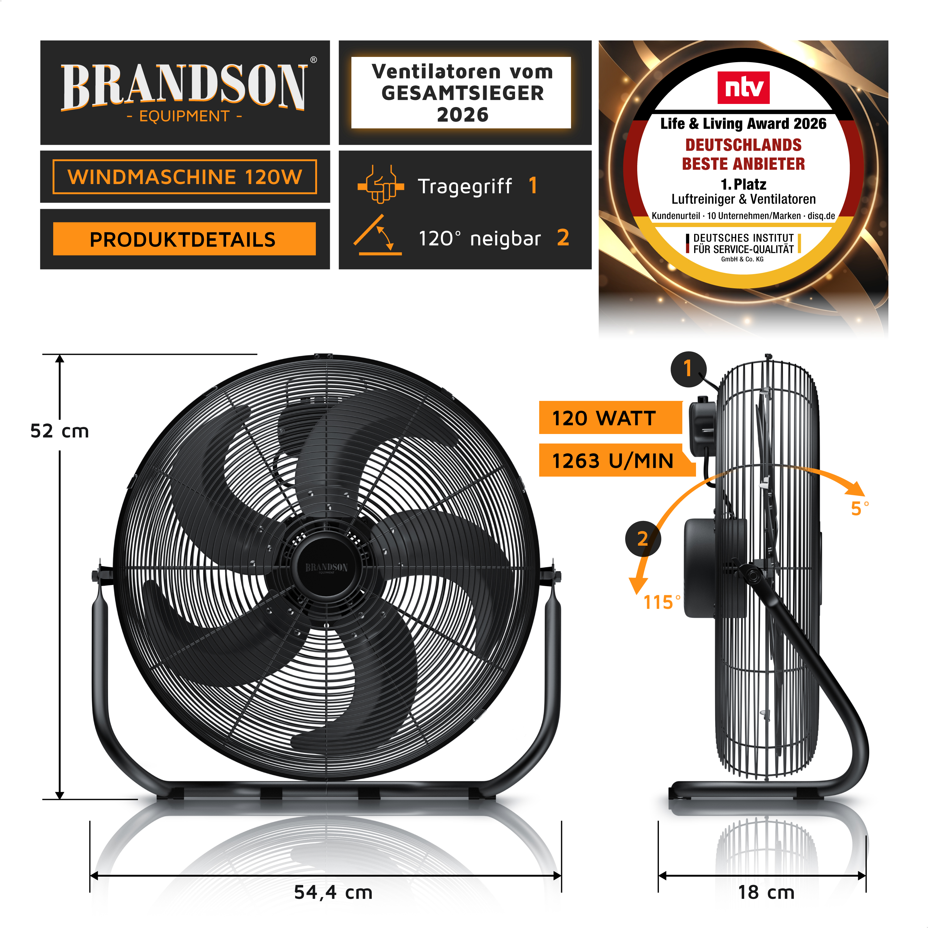 Brandson Windmaschine in Schwarz mit Tragegriff, 120° neigbar, stabiler Standfuß und sichtbarem Bedienfeld.