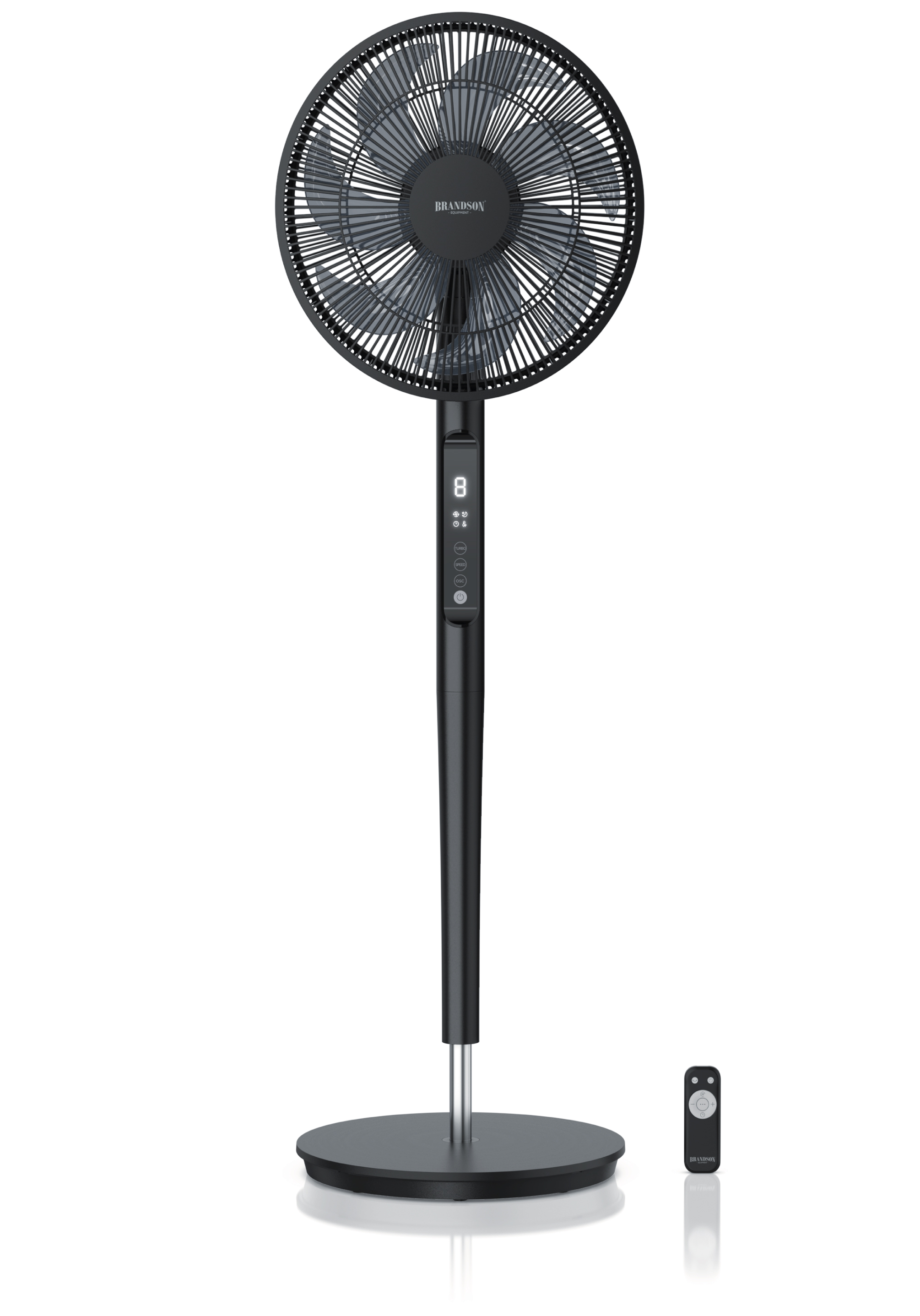 Standventilator von Brandson in Schwarz mit elegantem Design, Fernbedienung und Digitalanzeige für einfache Bedienung.